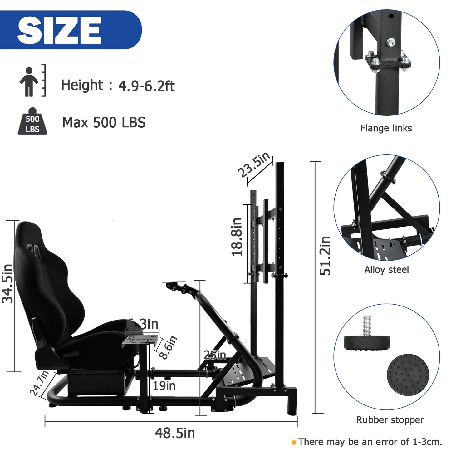 Mokapit Stable Racing Sim Cockpit TV with Black Seat Compatible with Logitech,Thrustmaster,PXN,Fanatec G27,G923,G29,G920 Monitor Stand Round Tube Frame No Steering Wheel Pedal Handbrake