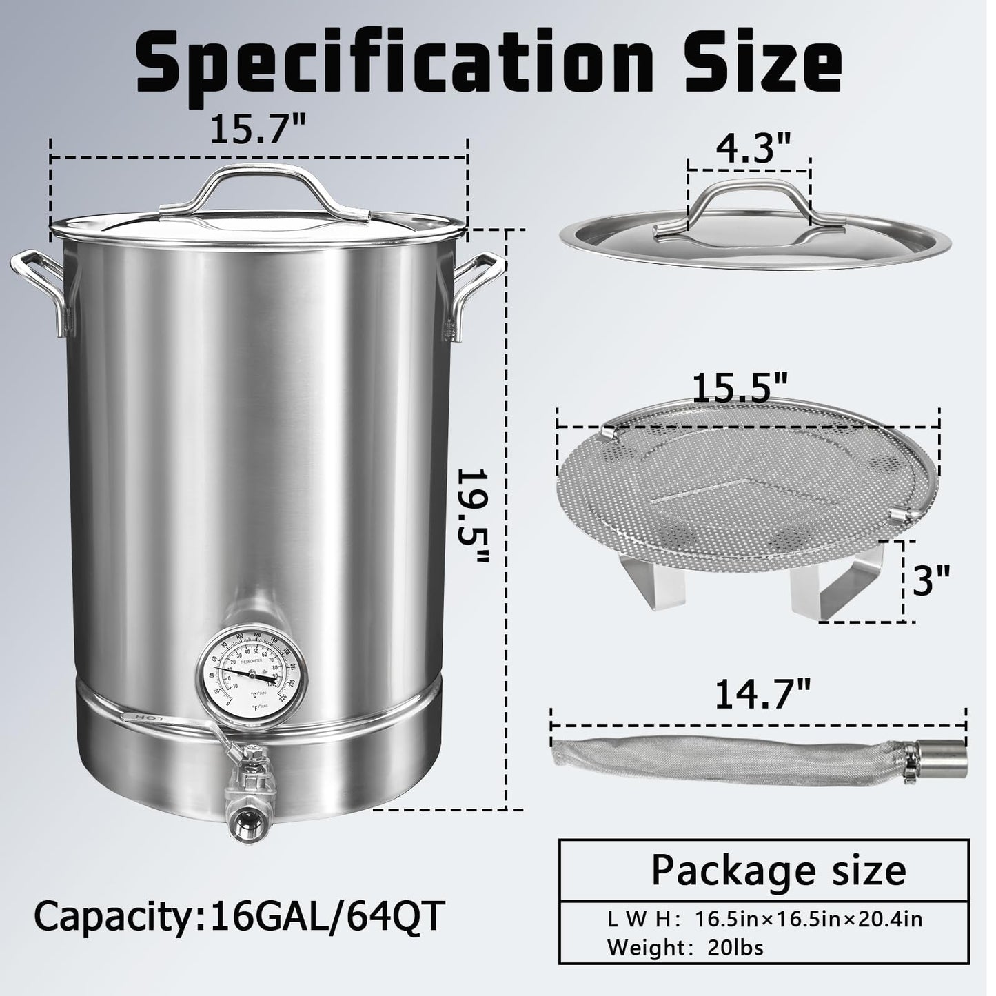 Stainless Steel Brew Kettle 16 Gal/ 64 QT Pot with Valve, Dual Filtration,Thermometer and Filter Home Brew Kettle