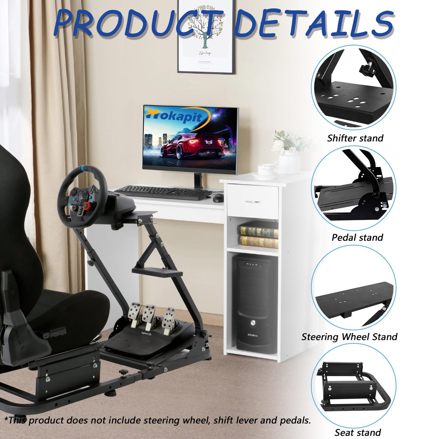 Strong footbed Grip Racing Wheel Cockpit Foldable Compatible with Logitech/Thrustmaster/PXN G29,G920,G923,T80 Controller with Black Seat Adjustable Sim Stand Wheel& Shifter& Pedal Not Included