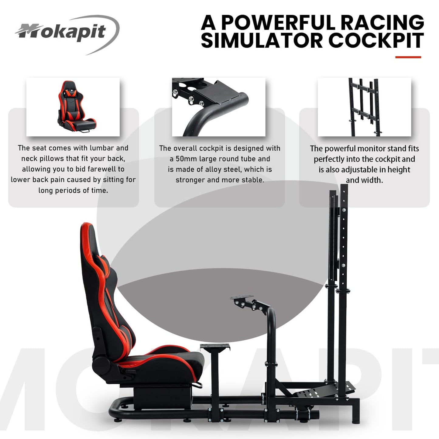 Racing Simulator Cockpit with TV Mount Round Tube Game Stand Suitable for Logitech,Thrustmaster,Fanatec Single Arm Stand No Pedals, Steering Wheel and Handbrake with Red Seat