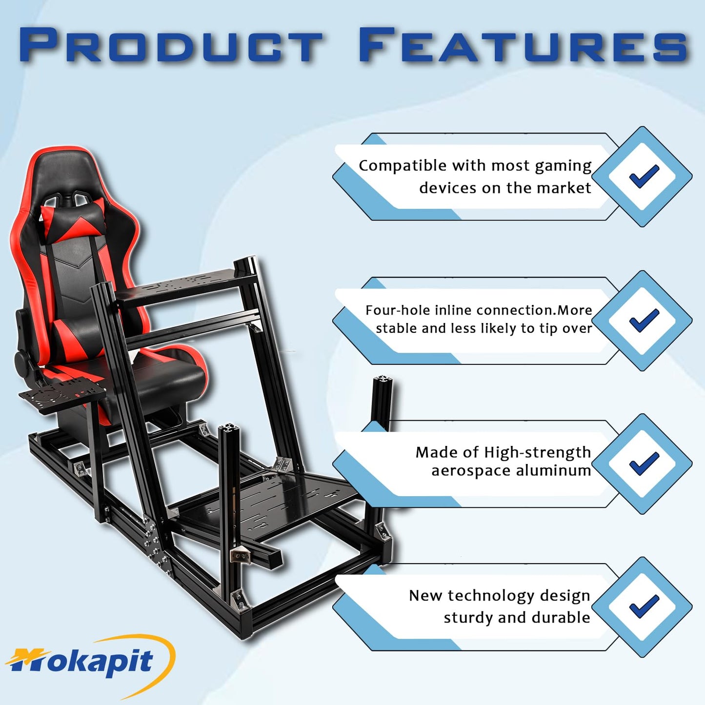 Mokapit Racing Cockpit F1/Truck/Car Simulator High Strength Aluminum Stand with Red Seat Compatible with Logitech,Thrustmaster,PXN,Moza and Fanatec Steering Wheel&Pedals& Handbrake Not Included