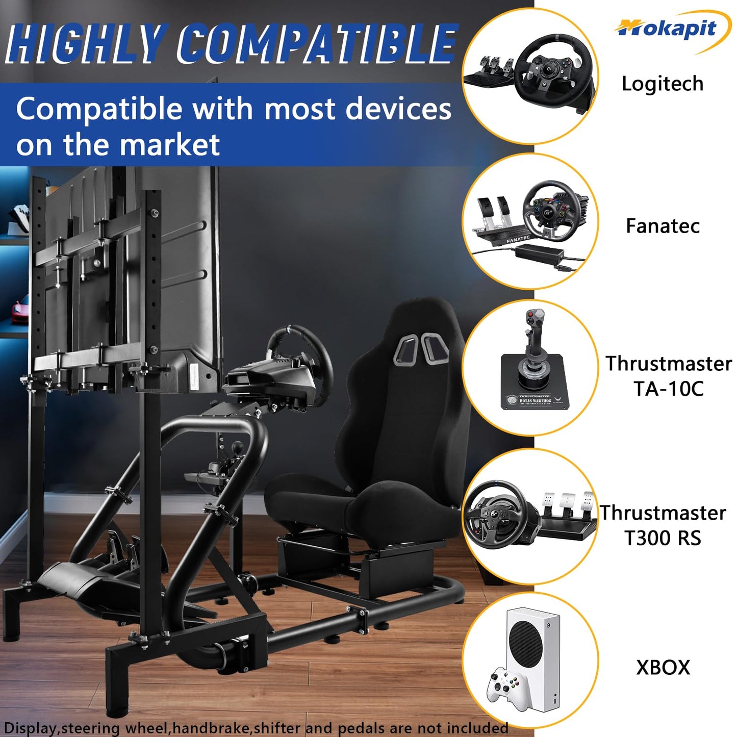 Mokapit Stable Racing Sim Cockpit TV with Black Seat Compatible with Logitech,Thrustmaster,PXN,Fanatec G27,G923,G29,G920 Monitor Stand Round Tube Frame No Steering Wheel Pedal Handbrake