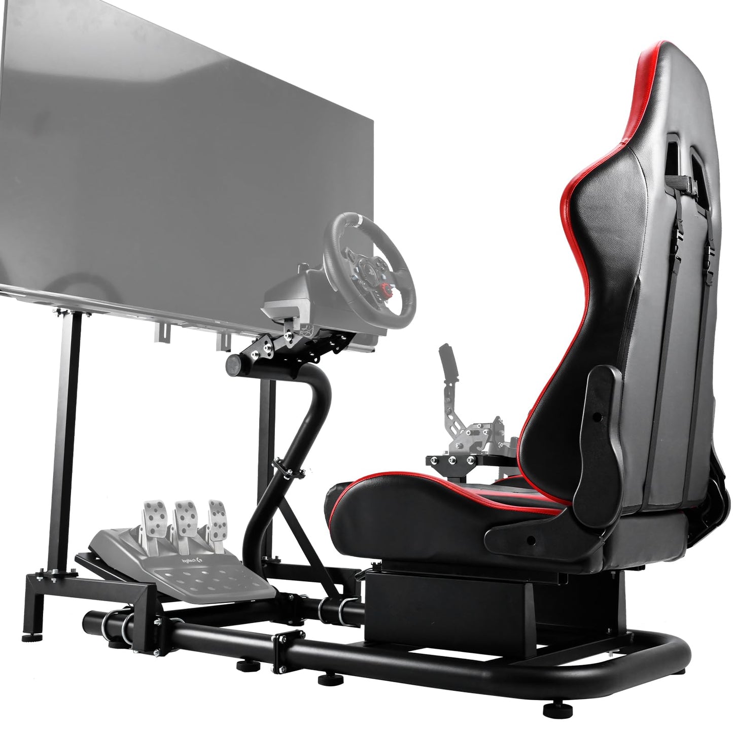 Single Arm Racing Simulator Cockpit TV with Seat Compatible with Logitech/Thrustmaster/PXN/Fanatec G27,G923,G29,G920 Monitor Stand Round Tube Frame No Steering Wheel & Pedal & Handbrake