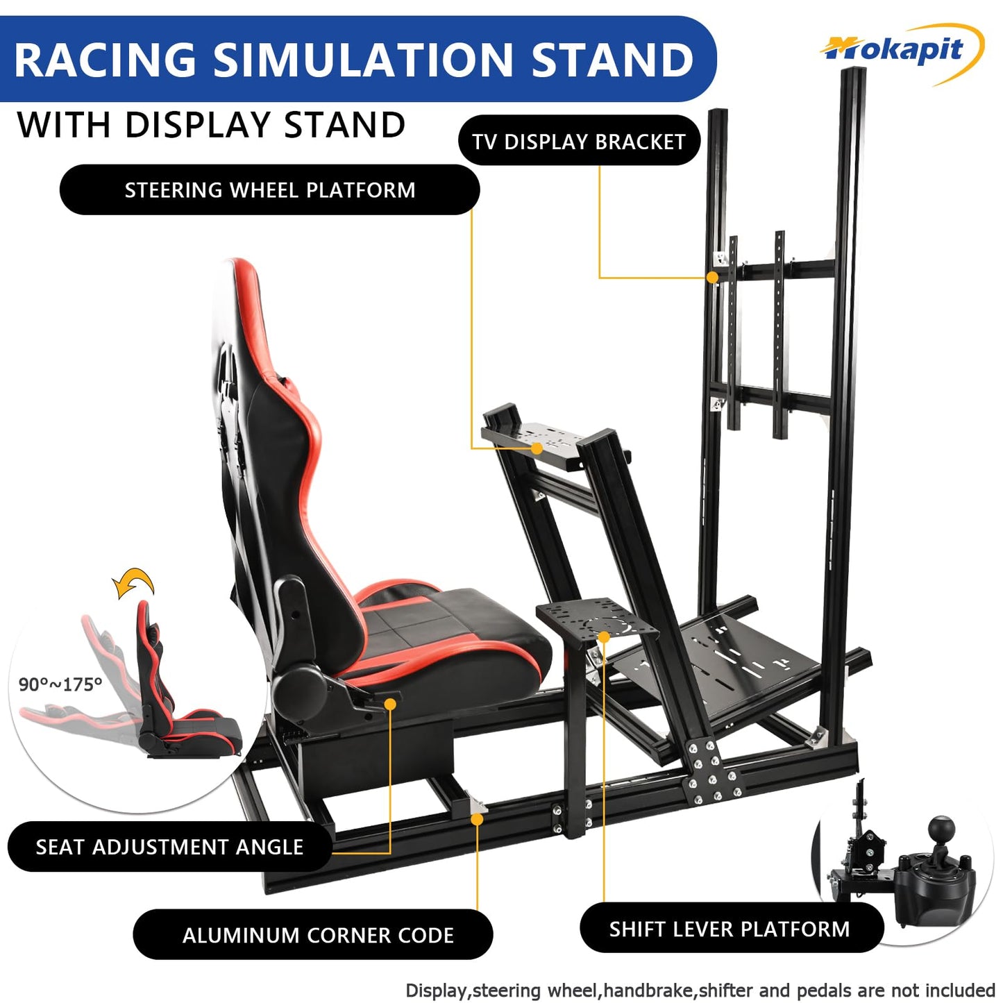 Mokapit F1 Racing Cockpit High Strength Aluminum Compatible with Logitech,PXN,Thrustmaster,Moza and Fanatec Stable Monitor Stand with Red Seat Wheel&Pedals& Handbrake Not Included