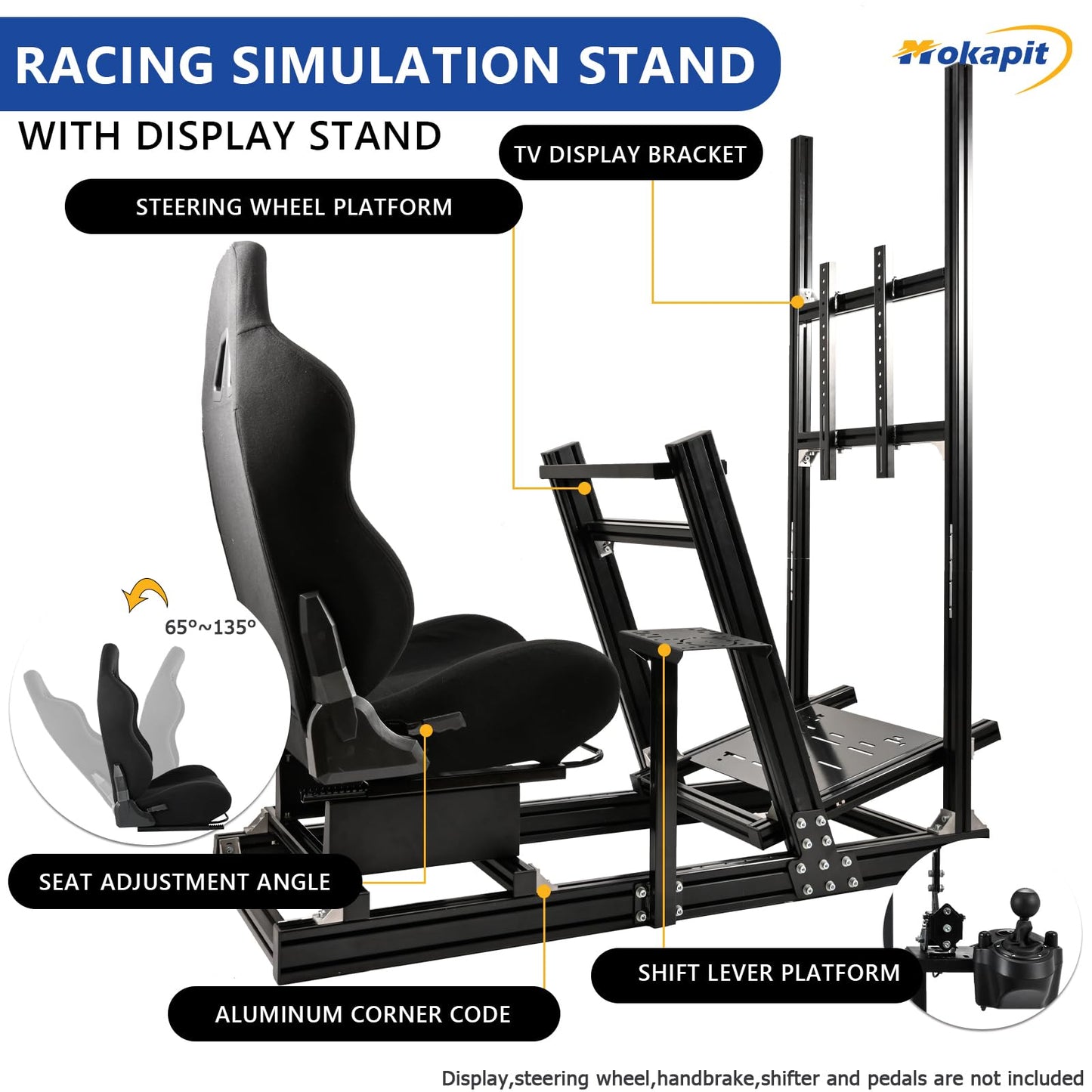 Mokapit Racing Simulator Cockpit F1/Truck High Strength Aluminum Stand Compatible with Logitech,Thrustmaster,PXN and Fanatec Stable TV Stand with Black Seat Wheel&Pedals& Handbrake Not Included