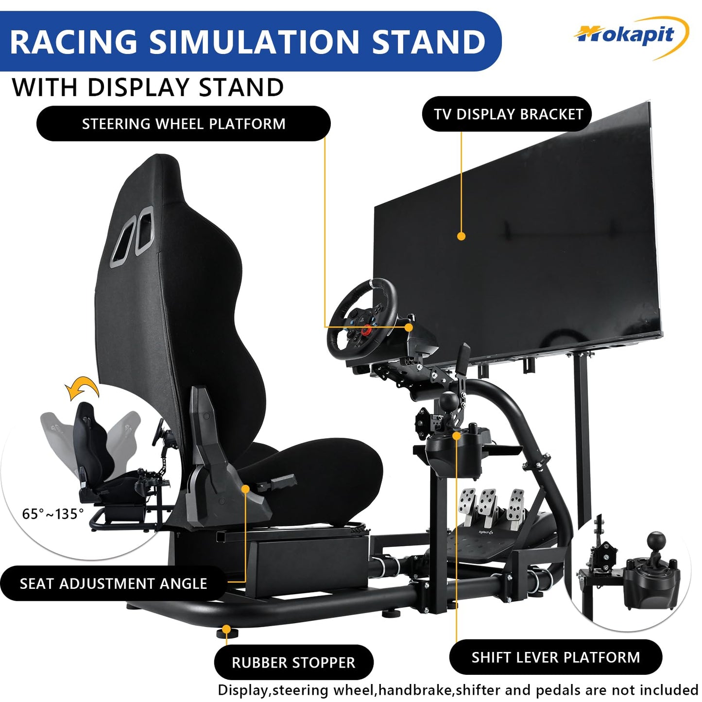 Mokapit Sim Racing Cockpit with TV Mount & Black Seat, Easy to Get on and off, Compatible with Logitech/Thrustmaster/Fanatec G920,G923,G29,Professional Cockpit, No Pedal,Steering Wheel and Handbrake