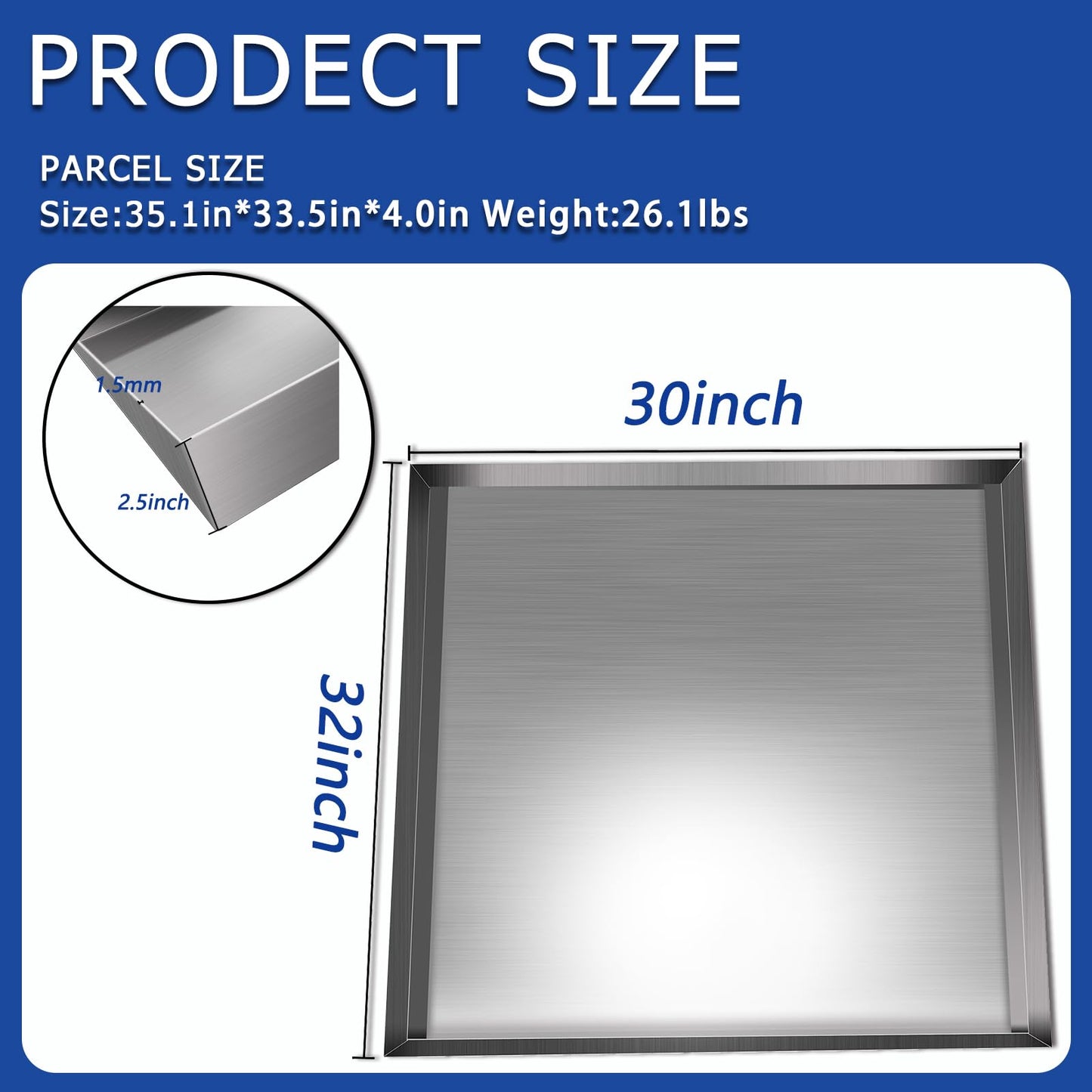 32" x 30" x 2.5" 304 Stainless Steel Washing Machine Drain Pan Heavy Duty Steel Washing Machine Tray No Leak Protecting The Floor Fine Stainless Steel (No Hole)