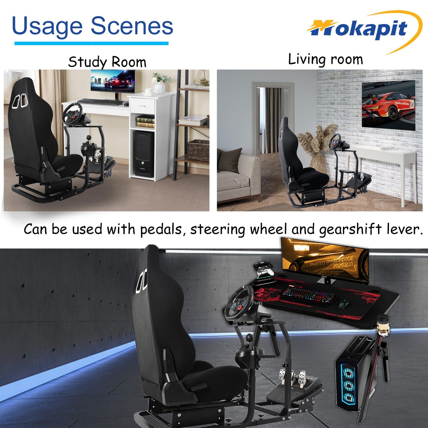 Mokapit Racing Cockpit Adjustment Compatible with Logitech/Thrustmaster/PXN/Fanatec T500 RS,T300 RS,T300,G25,G27 with Black Seat Racing Steering Stand Without Wheel&Handbrake & Pedals