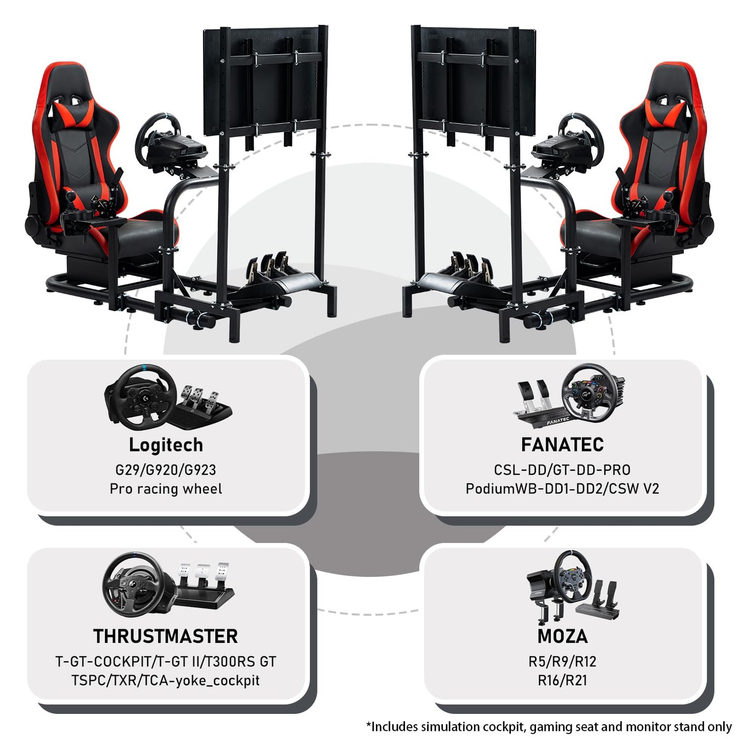 Racing Simulator Cockpit with TV Mount Round Tube Game Stand Suitable for Logitech,Thrustmaster,Fanatec Single Arm Stand No Pedals, Steering Wheel and Handbrake with Red Seat