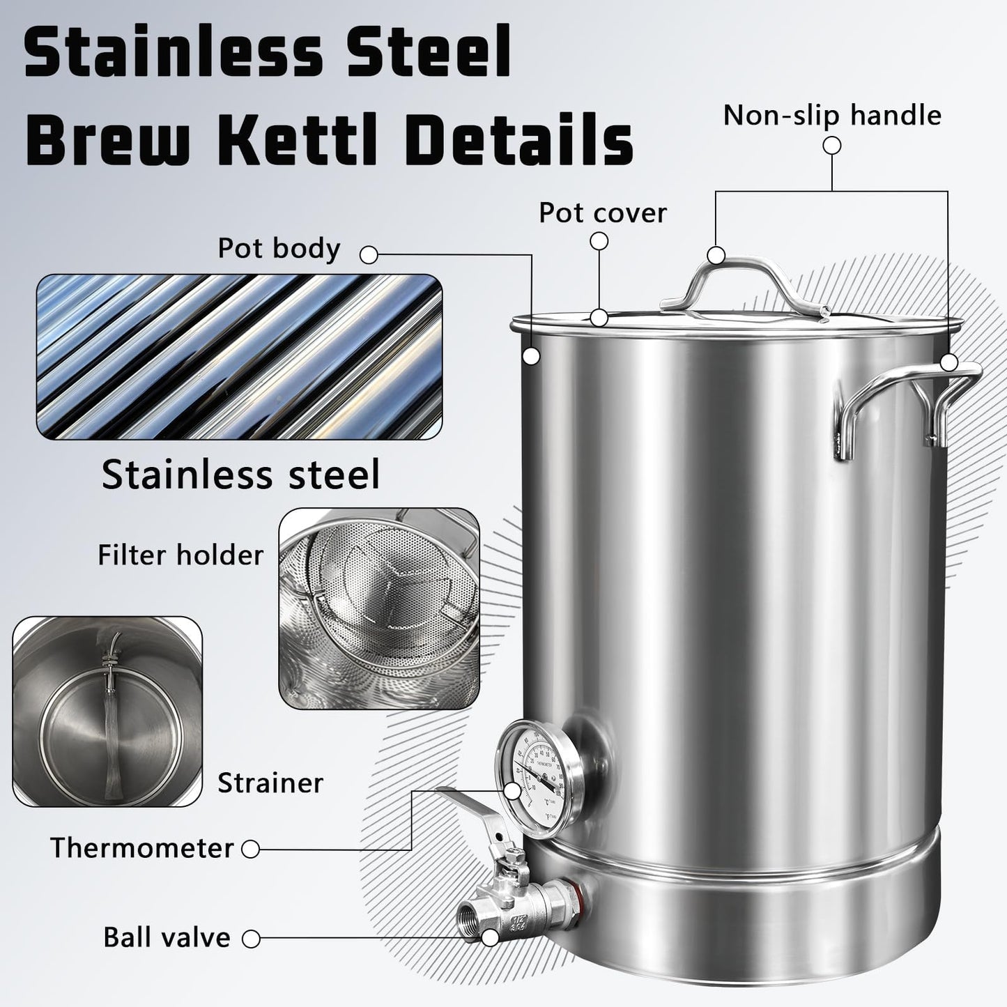 Stainless Steel Brew Kettle 16 Gal/ 64 QT Pot with Valve, Dual Filtration,Thermometer and Filter Home Brew Kettle