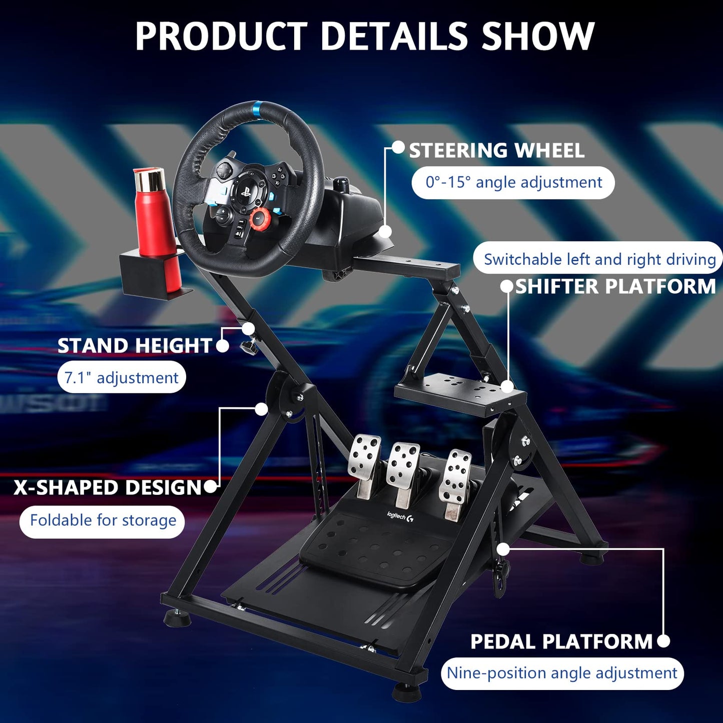 Foldable Racing Wheel Stand Fit for Logitech G29 G920 G923,Thrustmaster T248 T300RS T500 T300 TXF458,Moza R5 Adjustable X Shape Steering Wheel Stand,Steering Wheel,Shifter&Pedal Not Include