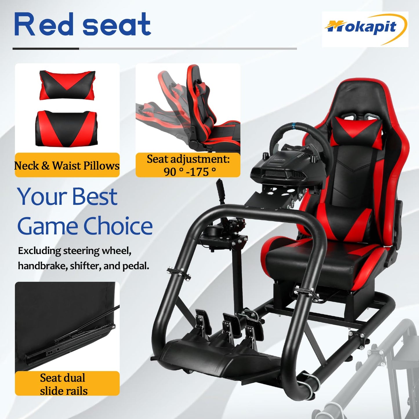 Racing Simulation Cockpit Round Tube Game Stand Suitable for Logitech G27 G923 Thrustmaster T300RS More Stable |No pedals, Steering Wheel and Handbrake|With red seat