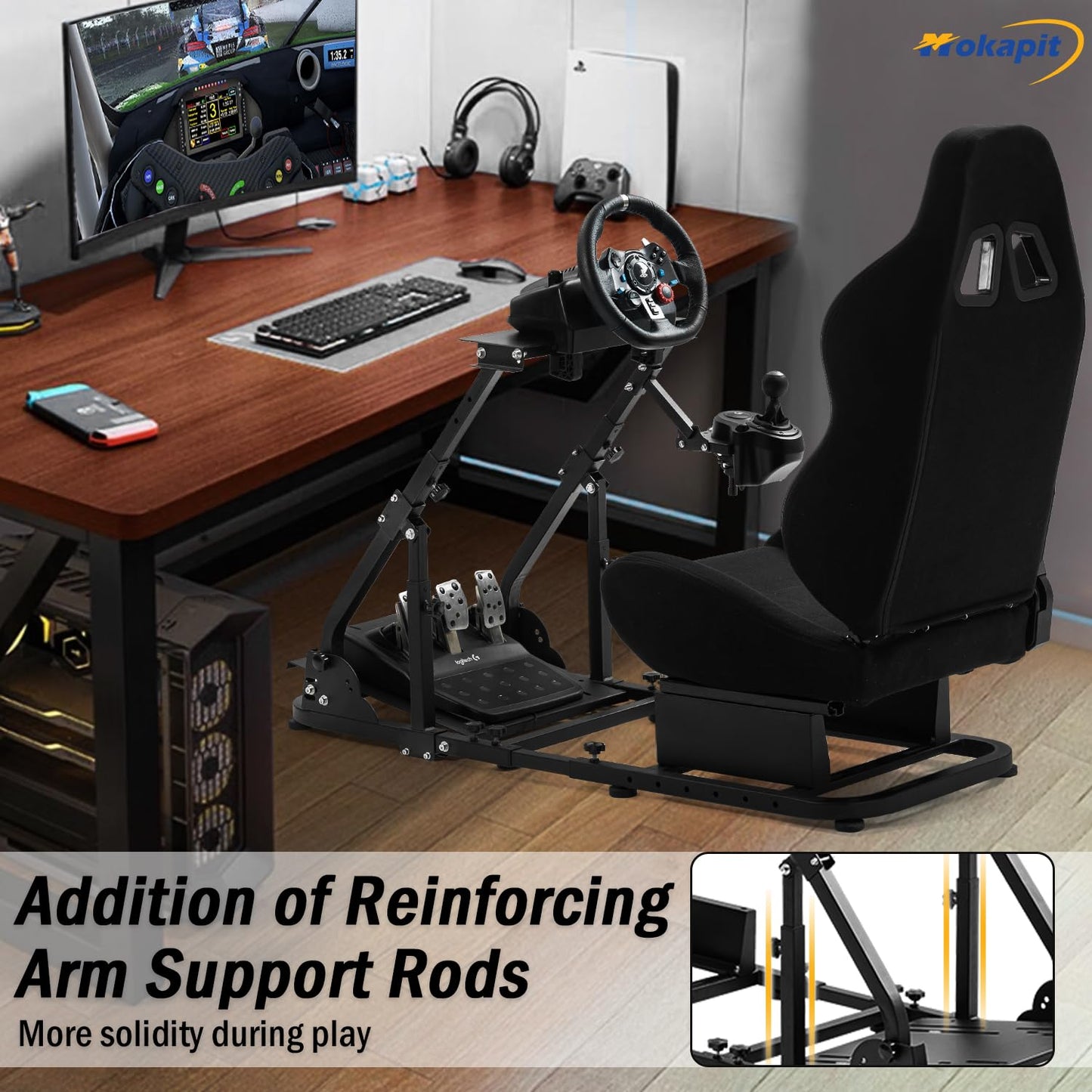 More Stable Racing Simulator Cockpit Compatible with Logitech/Thrustmaster/PXN G29,G920,G923,T80,T150,T300RS Adjustable with Black Seat Wheel Stand Wheel, Shifter and Pedal Not Included