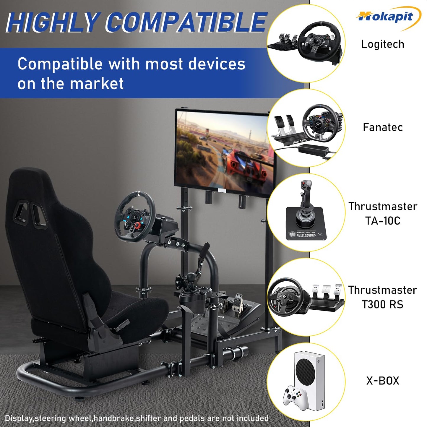 Mokapit Simulator Cockpit with Racing Seat Monitor Stand Compatible with Logitech G29 G920, Thrustmaster, Fanatec, Sim Racing Cockpit without Wheel Pedal Shifter Handbrake TV