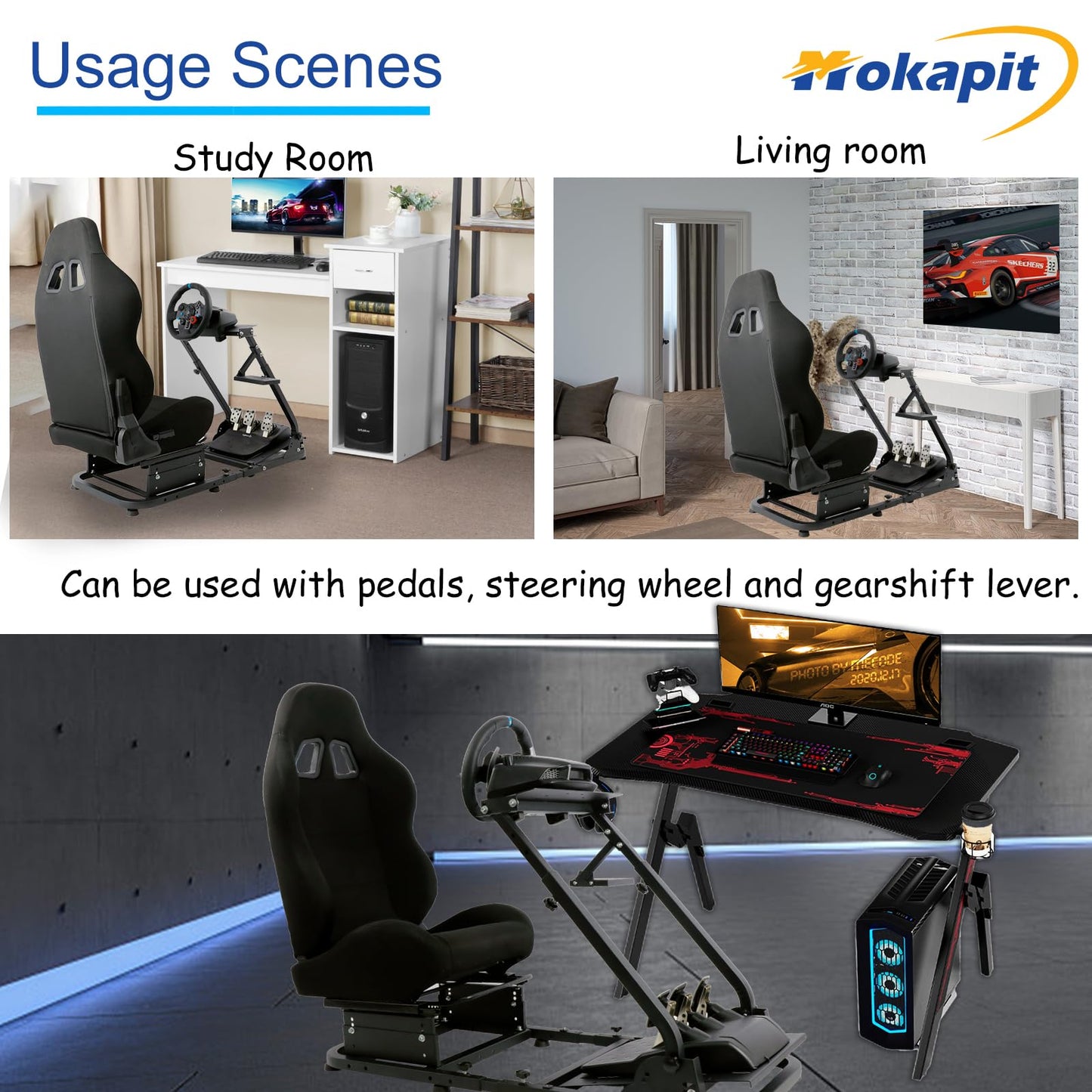 Strong footbed Grip Racing Wheel Cockpit Foldable Compatible with Logitech/Thrustmaster/PXN G29,G920,G923,T80 Controller with Black Seat Adjustable Sim Stand Wheel& Shifter& Pedal Not Included