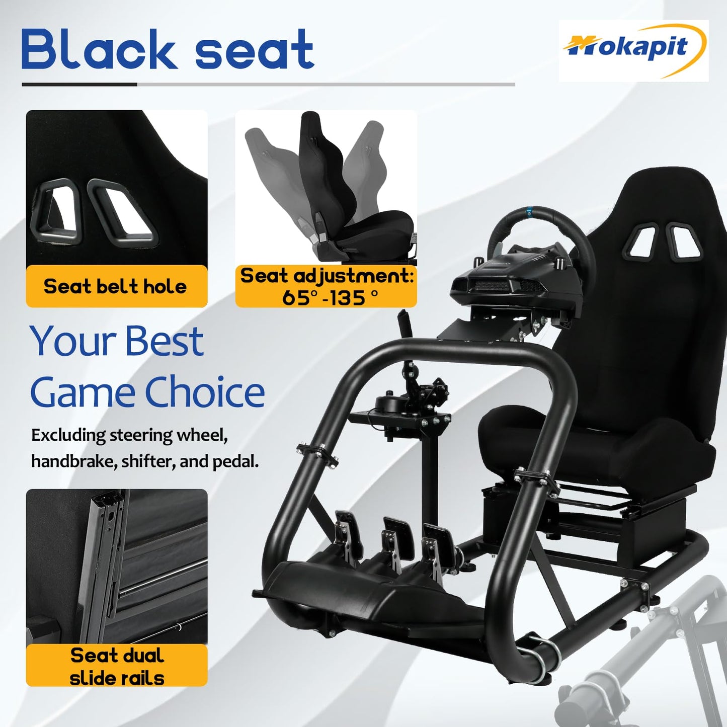 Mokapit Racing Simulation Cockpit Round Tube Game Stand Suitable for Logitech G27 G923 Thrustmaster T300RS More Stable |No pedals, Steering Wheel and Handbrake|With black seat