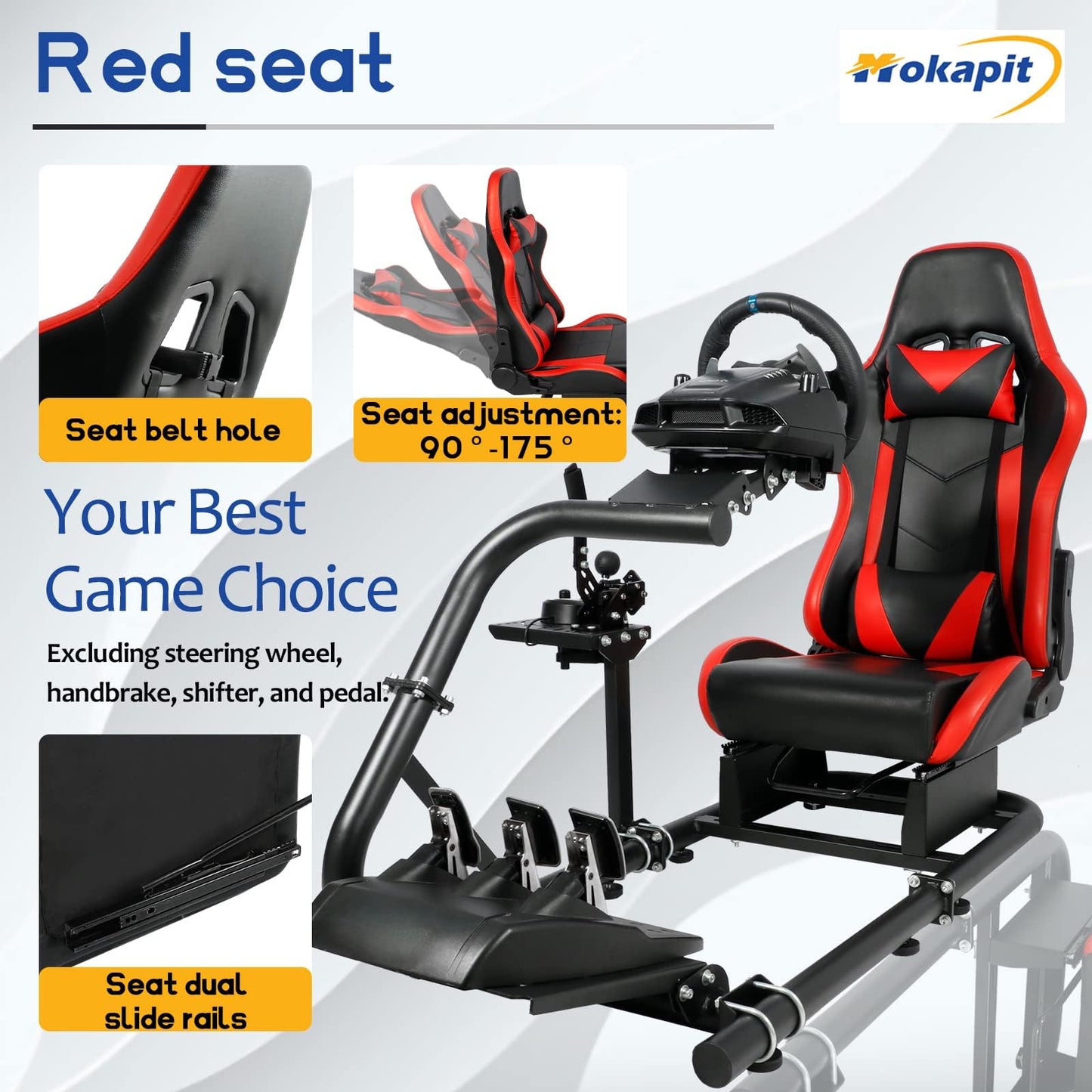 Mokapit Single Arm Racing Simulator Cockpit with Red Seat Compatible with Logitech/Thrustmaster/PXN/Fanatec G27,G923,G29,G920 Stable Round Tube Stand No Pedal, Steering Wheel and Handbrake