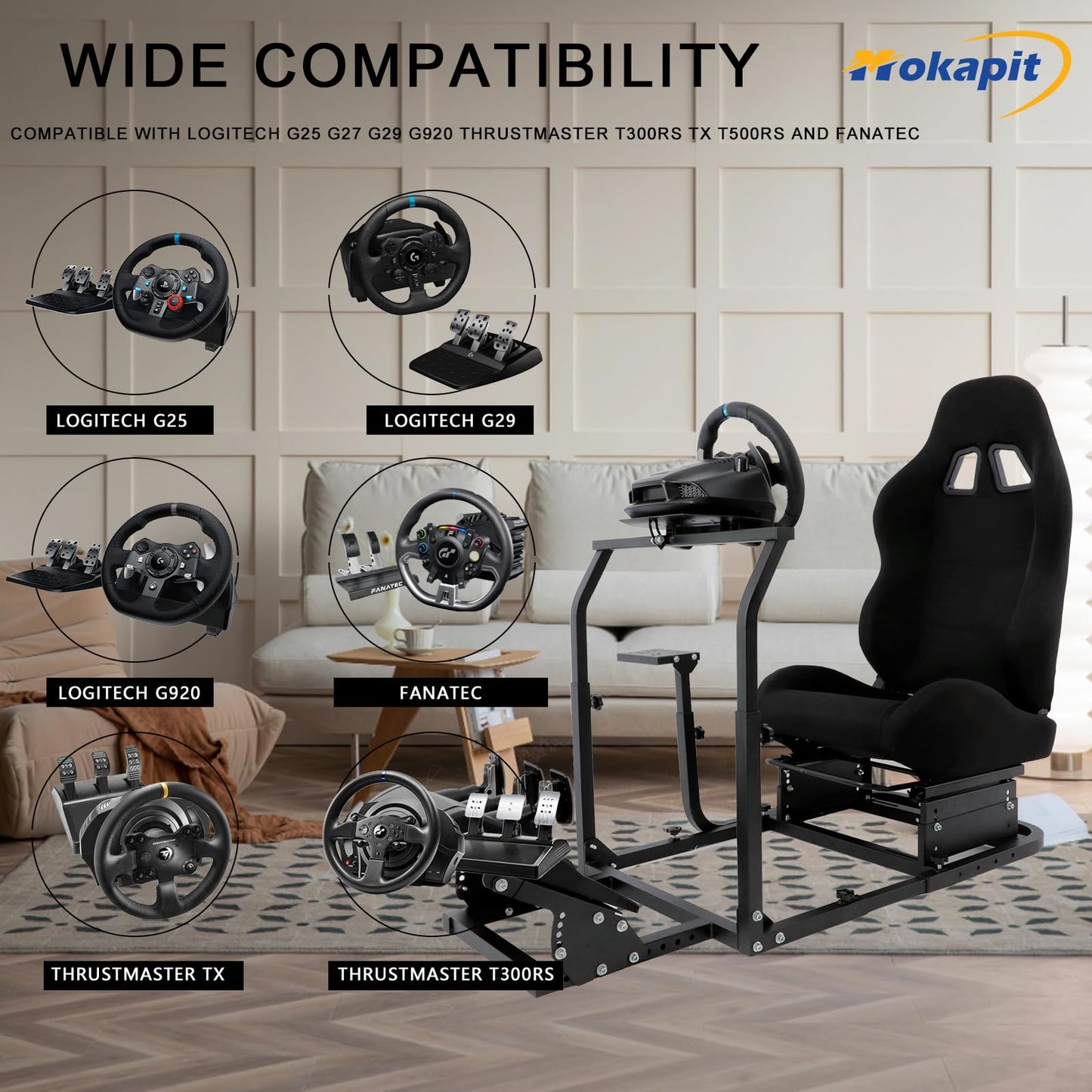 Mokapit Racing Cockpit Adjustment Compatible with Logitech/Thrustmaster/PXN/Fanatec T500 RS,T300 RS,T300,G25,G27 with Black Seat Racing Steering Stand Without Wheel&Handbrake & Pedals