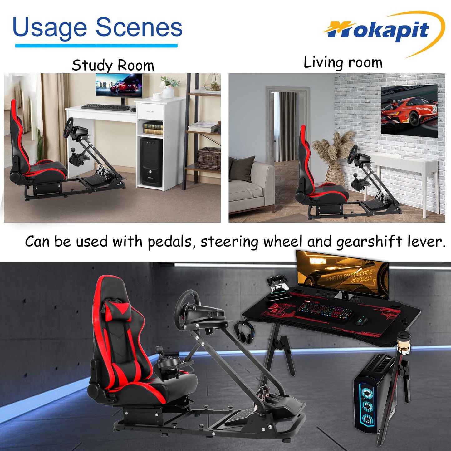 Strong footbed Grip Racing Wheel Cockpit Foldable Compatible with Logitech/Thrustmaster/PXN G29,G920,G923,T80 Controller with Red Seat Adjustable Sim Stand Wheel& Shifter & Pedal Not Included