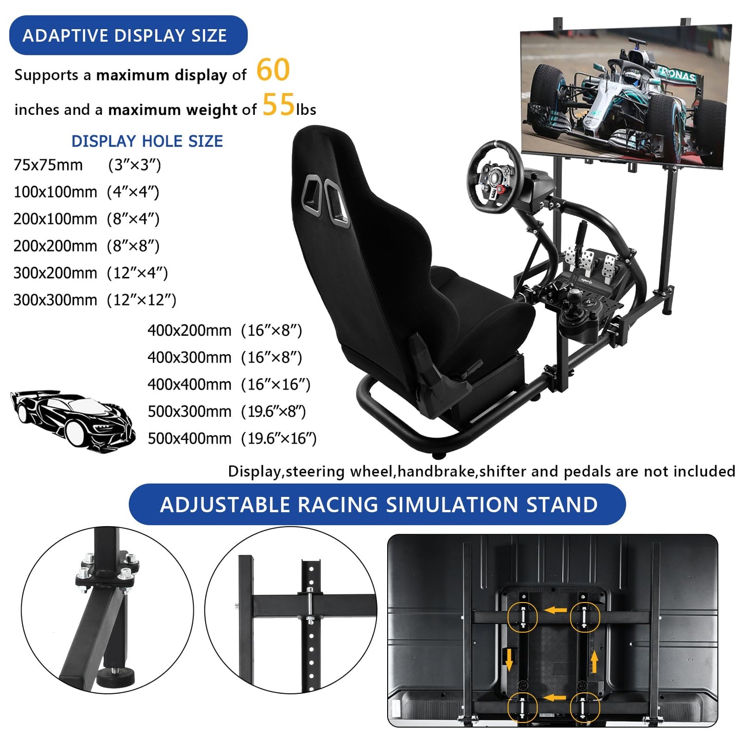 Mokapit Stable Racing Sim Cockpit TV with Black Seat Compatible with Logitech,Thrustmaster,PXN,Fanatec G27,G923,G29,G920 Monitor Stand Round Tube Frame No Steering Wheel Pedal Handbrake