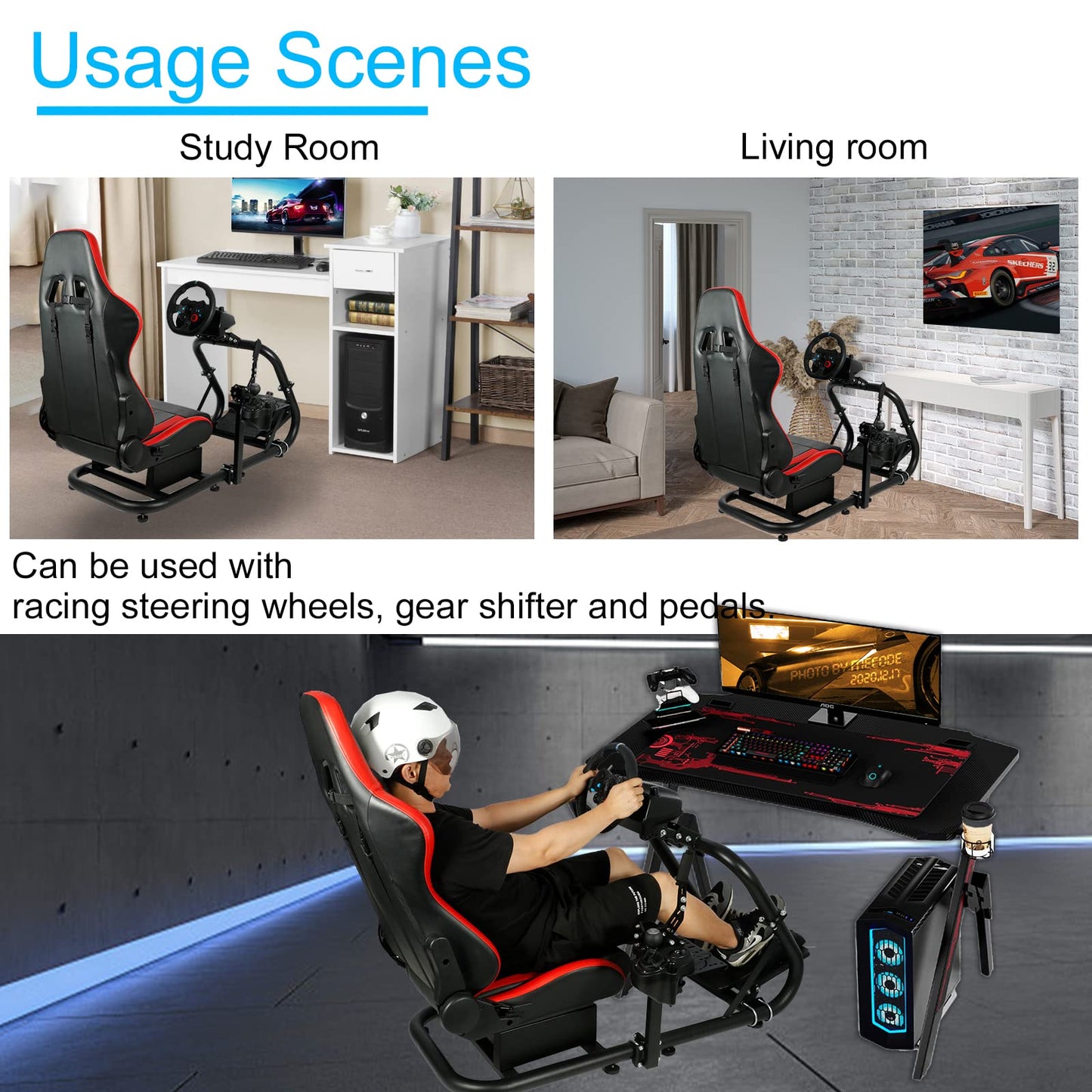 Racing Simulation Cockpit Round Tube Game Stand Suitable for Logitech G27 G923 Thrustmaster T300RS More Stable |No pedals, Steering Wheel and Handbrake|With red seat