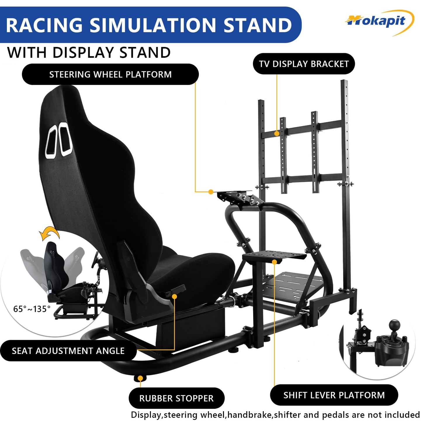 Mokapit Stable Racing Sim Cockpit TV with Black Seat Compatible with Logitech,Thrustmaster,PXN,Fanatec G27,G923,G29,G920 Monitor Stand Round Tube Frame No Steering Wheel Pedal Handbrake