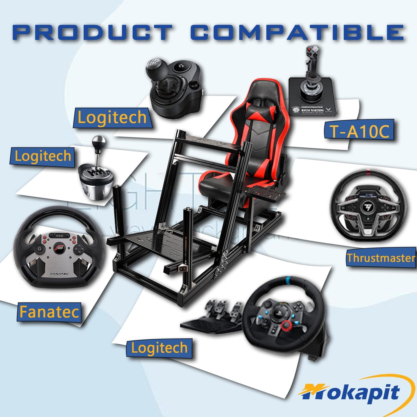 Mokapit Racing Cockpit F1/Truck/Car Simulator High Strength Aluminum Stand with Red Seat Compatible with Logitech,Thrustmaster,PXN,Moza and Fanatec Steering Wheel&Pedals& Handbrake Not Included