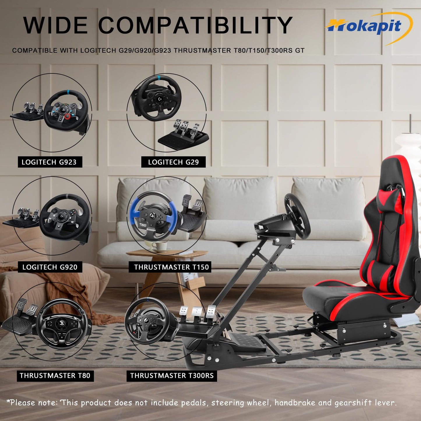 Strong footbed Grip Racing Wheel Cockpit Foldable Compatible with Logitech/Thrustmaster/PXN G29,G920,G923,T80 Controller with Red Seat Adjustable Sim Stand Wheel& Shifter & Pedal Not Included