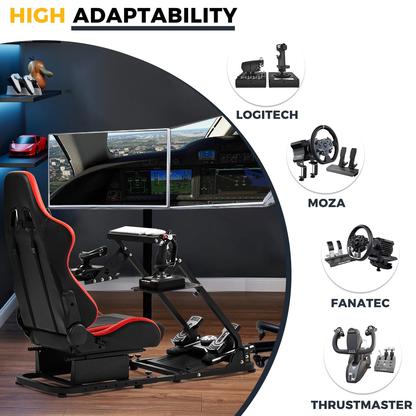 Mokapit Flight Sim Cockpit with Seat Foldable ＆ Adjustable fit for Logitech, Thrustmaster, FANATEC, G29/G920/G923/T300/CSL-DD, Racing Wheel Stand Flight Sim Cockpit, No Wheel Pedal Shifter Keyboard