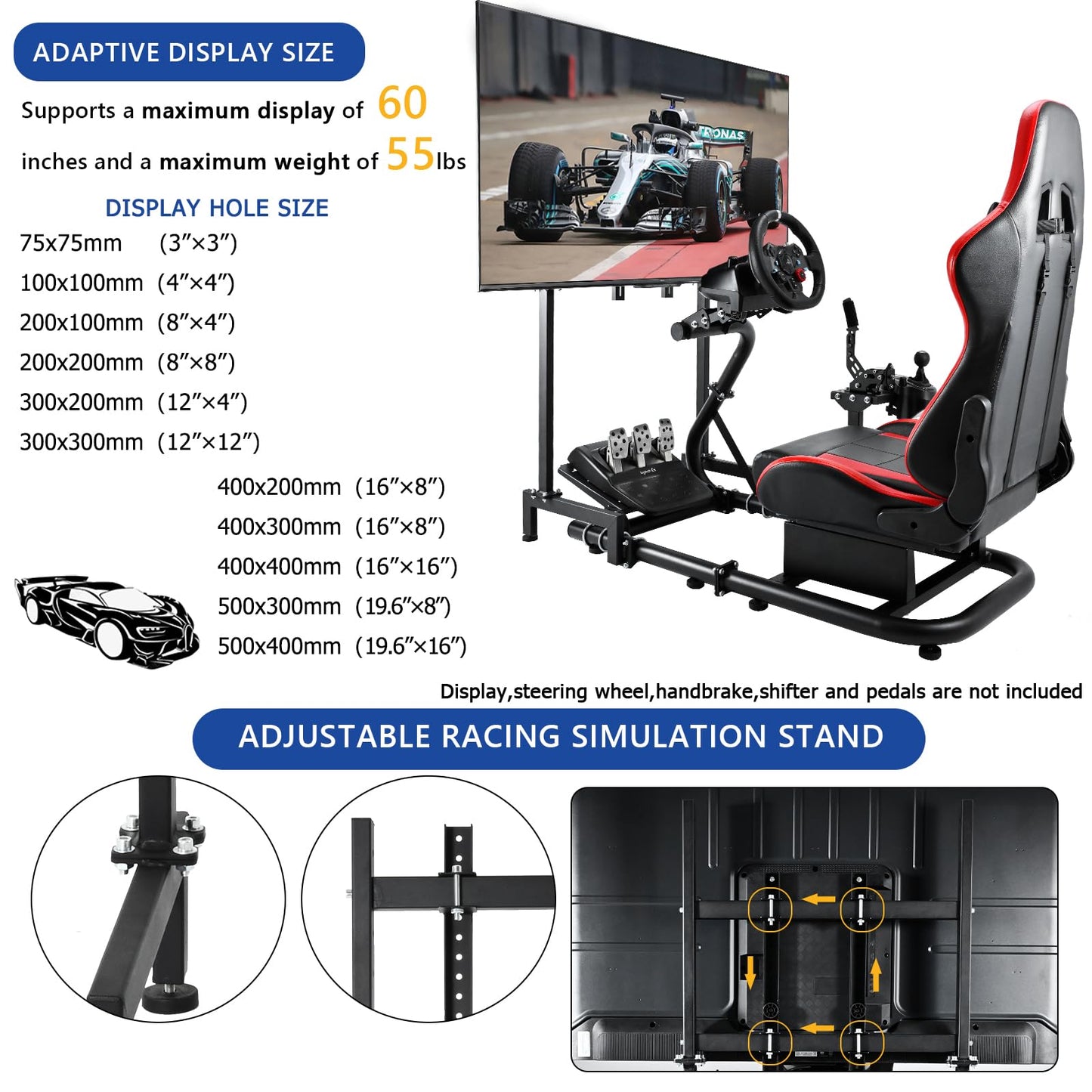 Single Arm Racing Simulator Cockpit TV with Seat Compatible with Logitech/Thrustmaster/PXN/Fanatec G27,G923,G29,G920 Monitor Stand Round Tube Frame No Steering Wheel & Pedal & Handbrake