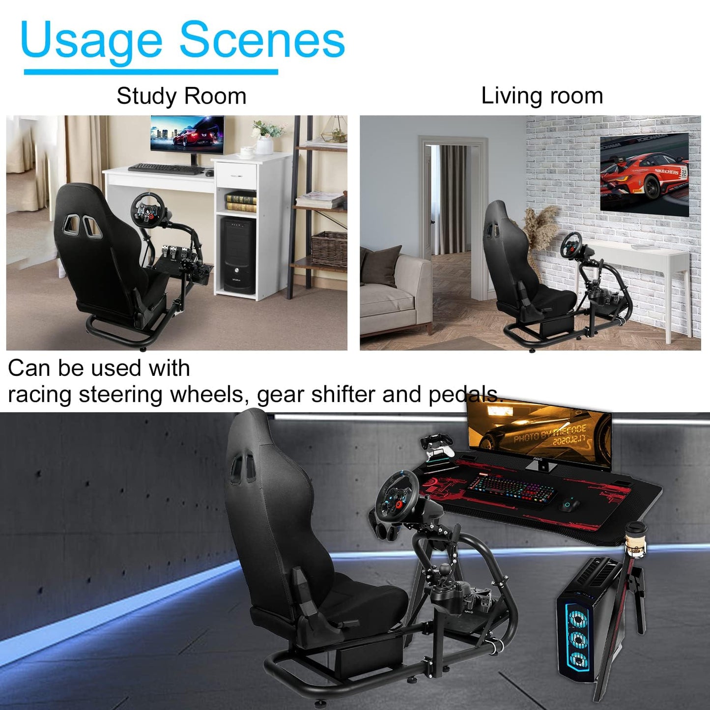 Mokapit Racing Simulation Cockpit Round Tube Game Stand Suitable for Logitech G27 G923 Thrustmaster T300RS More Stable |No pedals, Steering Wheel and Handbrake|With black seat