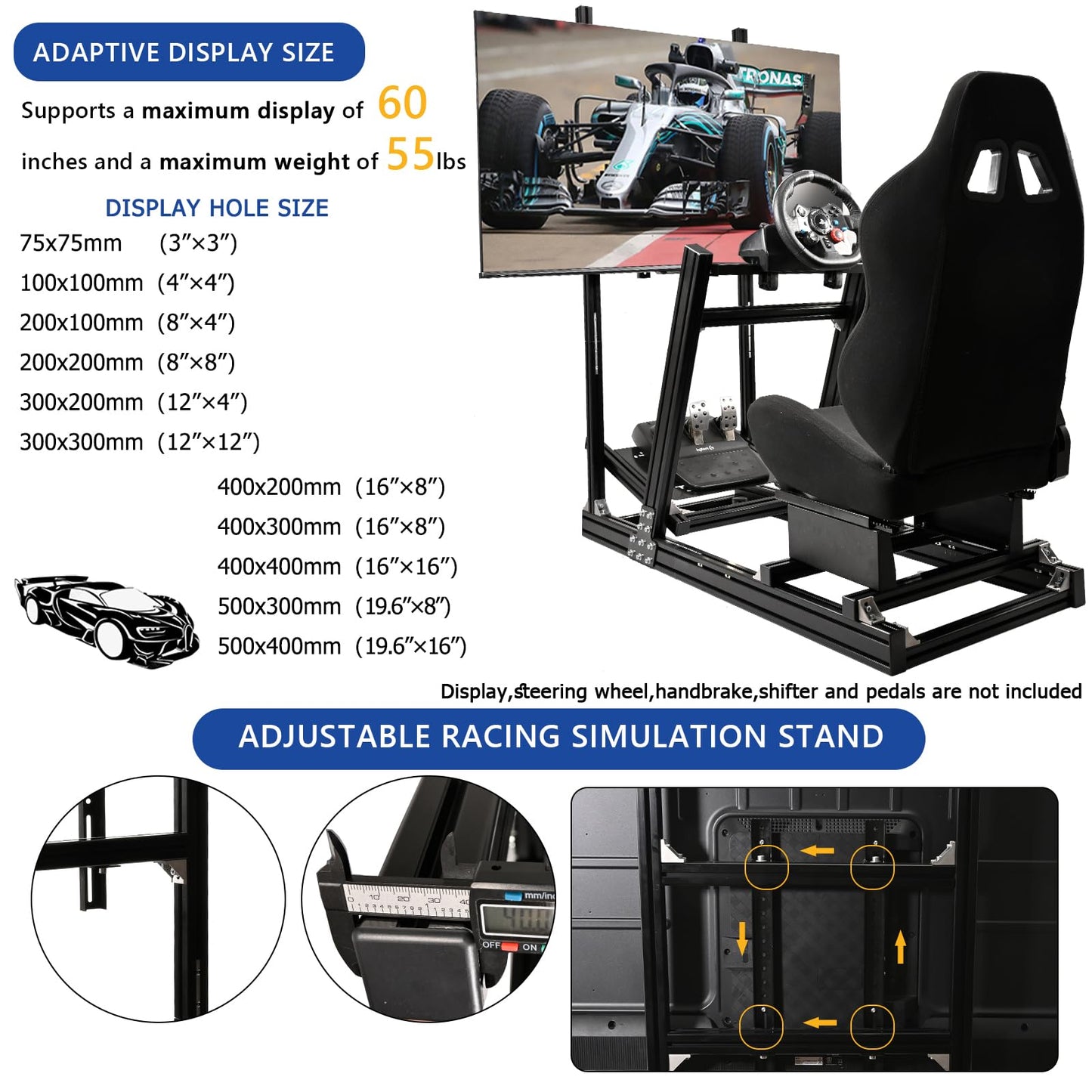 Mokapit Racing Simulator Cockpit F1/Truck High Strength Aluminum Stand Compatible with Logitech,Thrustmaster,PXN and Fanatec Stable TV Stand with Black Seat Wheel&Pedals& Handbrake Not Included