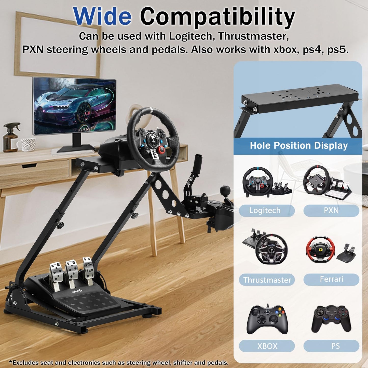 Mokapit Racing Wheel Stand Foldable fit for Logitech G25 G27 G29 G920 G923, Thrustmaster T248 T300, Adjustable Steering Wheel Stand, Wheel Shifter Pedal Handbrake Not Included