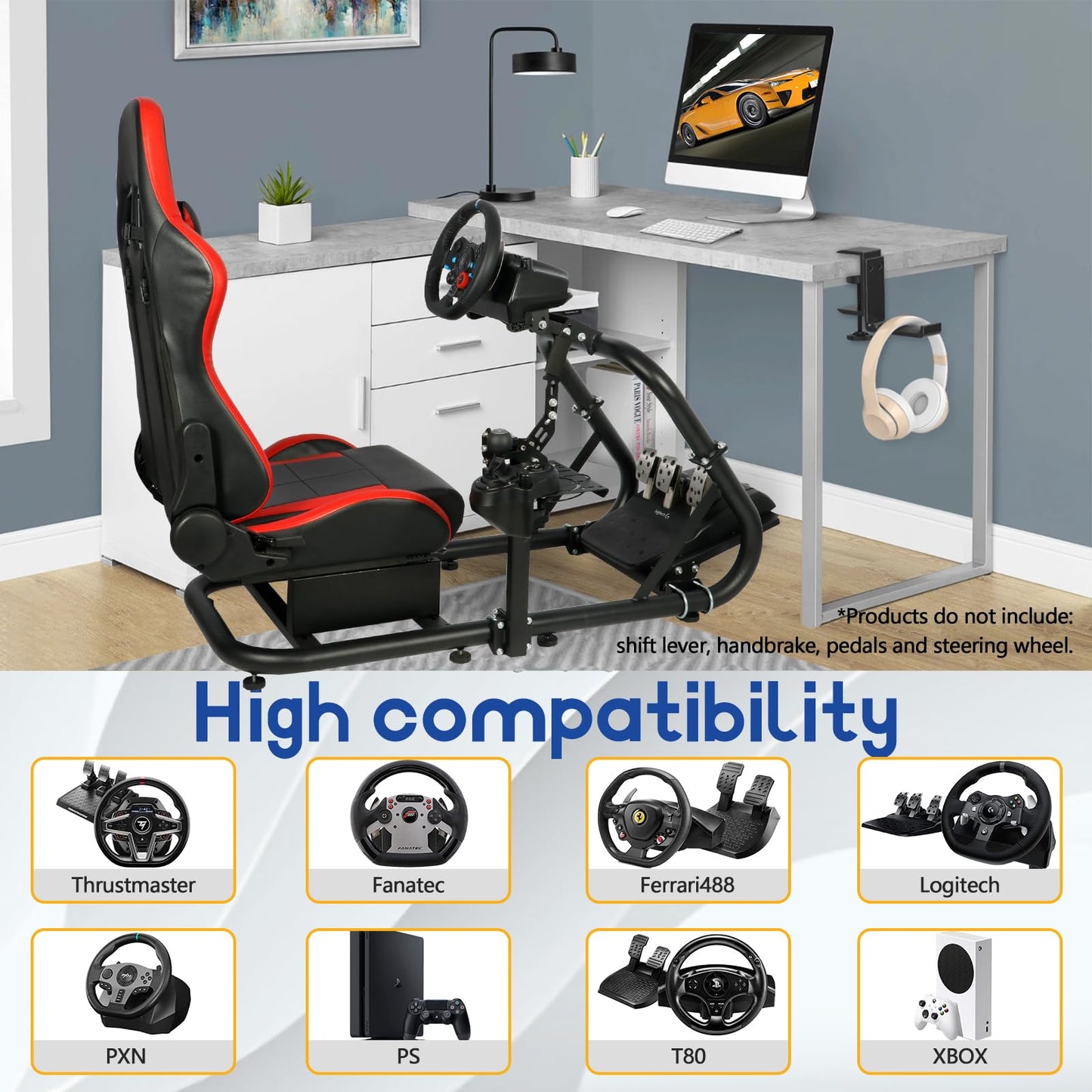 Racing Simulation Cockpit Round Tube Game Stand Suitable for Logitech G27 G923 Thrustmaster T300RS More Stable |No pedals, Steering Wheel and Handbrake|With red seat