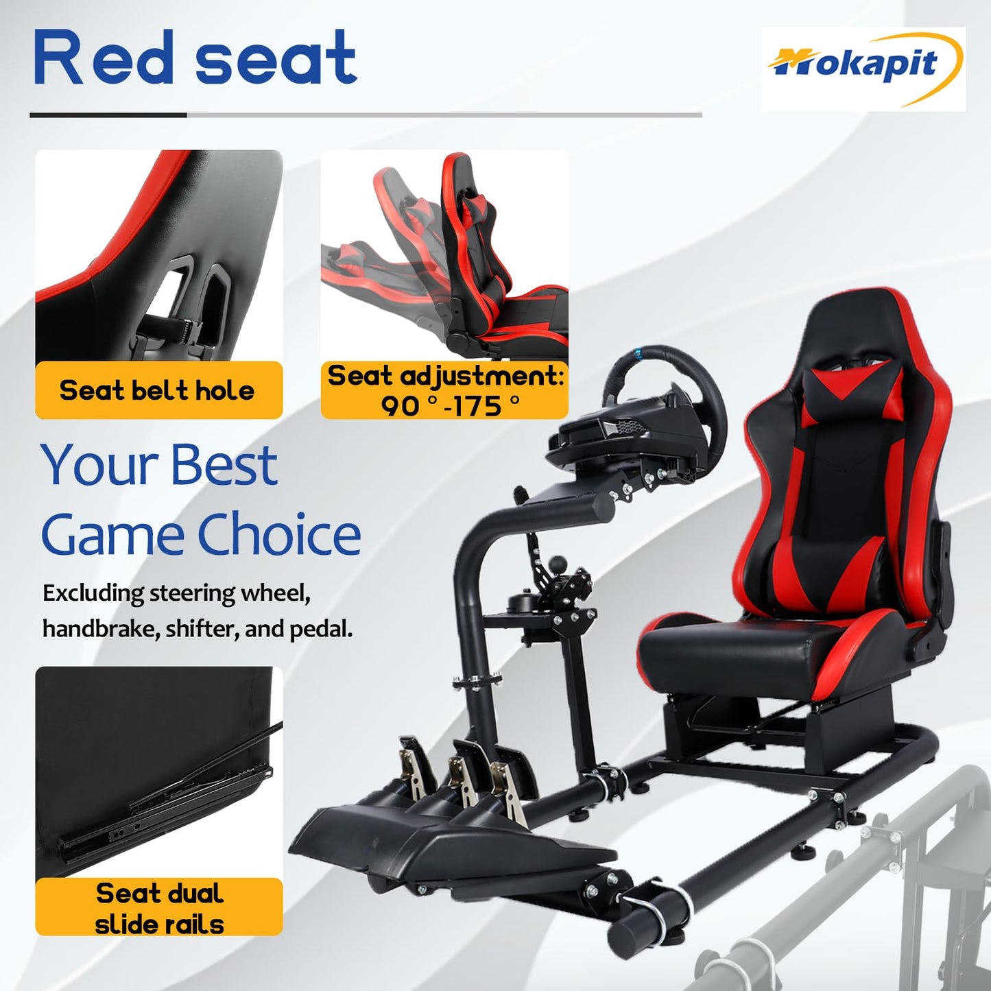 Mokapit Racing Simulator Cockpit Round Tube Game Stand Suitable for Logitech,Thrustmaster,Fanatec Single Arm Stand No Pedals, Steering Wheel and Handbrake More Stable With Red Seat