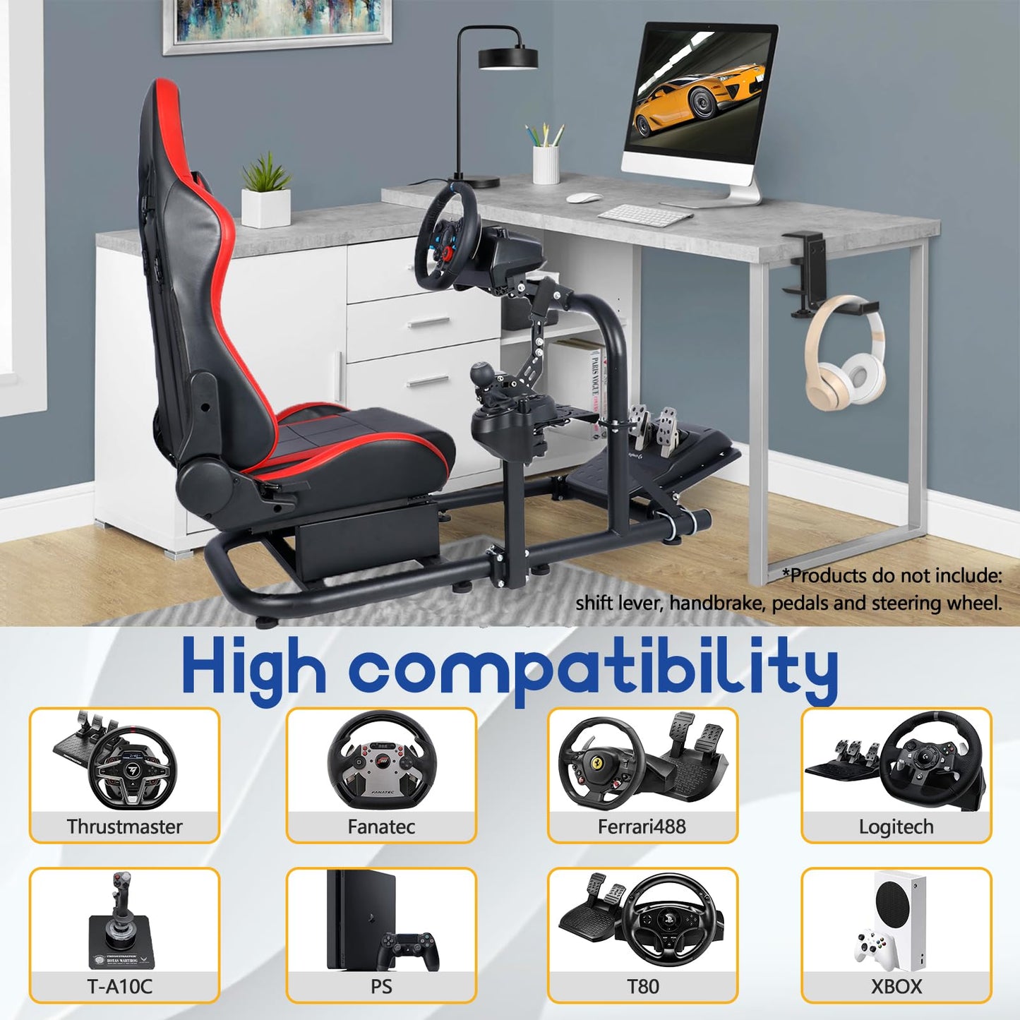 Mokapit Racing Simulator Cockpit Round Tube Game Stand Suitable for Logitech,Thrustmaster,Fanatec Single Arm Stand No Pedals, Steering Wheel and Handbrake More Stable With Red Seat