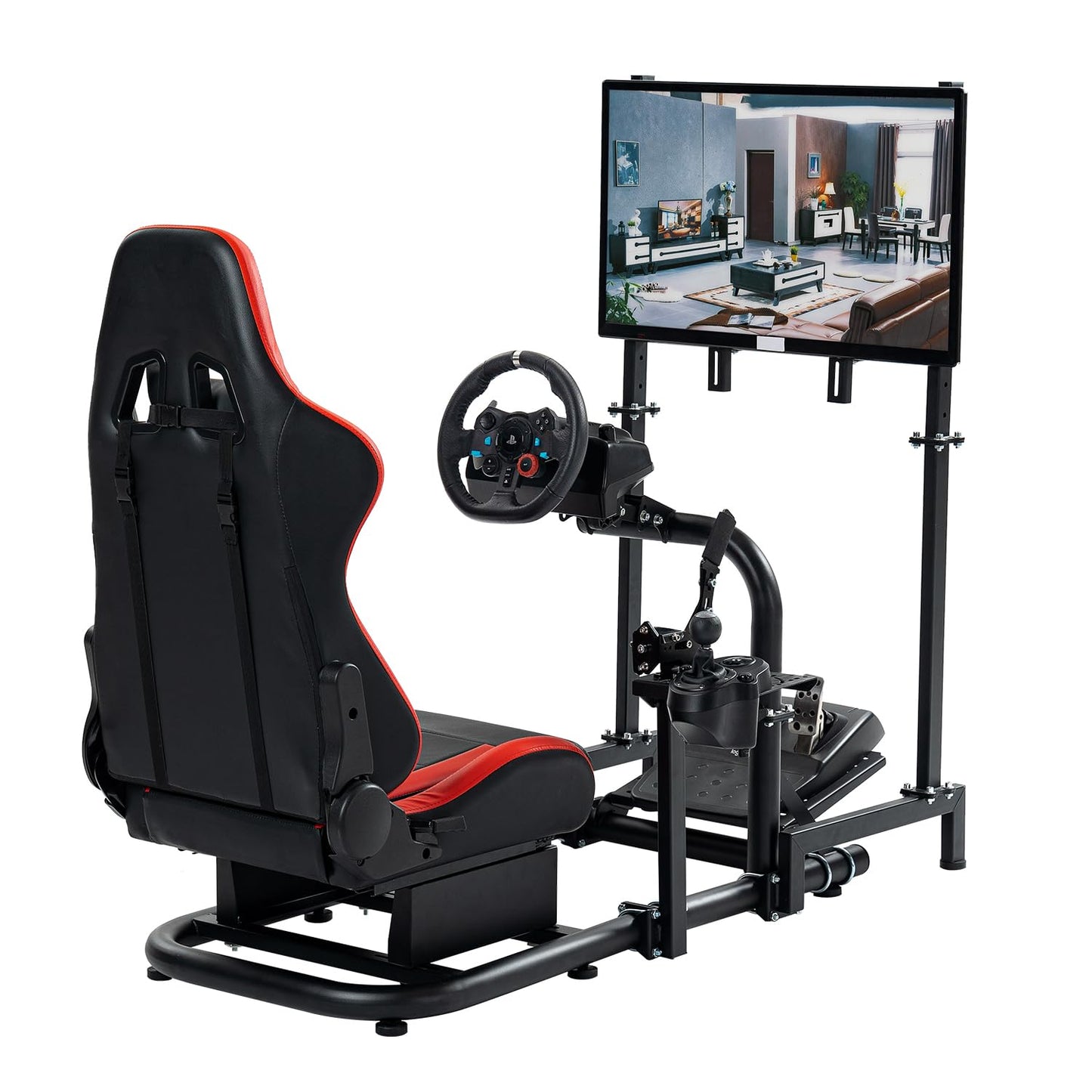 Racing Simulator Cockpit with TV Mount Round Tube Game Stand Suitable for Logitech,Thrustmaster,Fanatec Single Arm Stand No Pedals, Steering Wheel and Handbrake with Red Seat