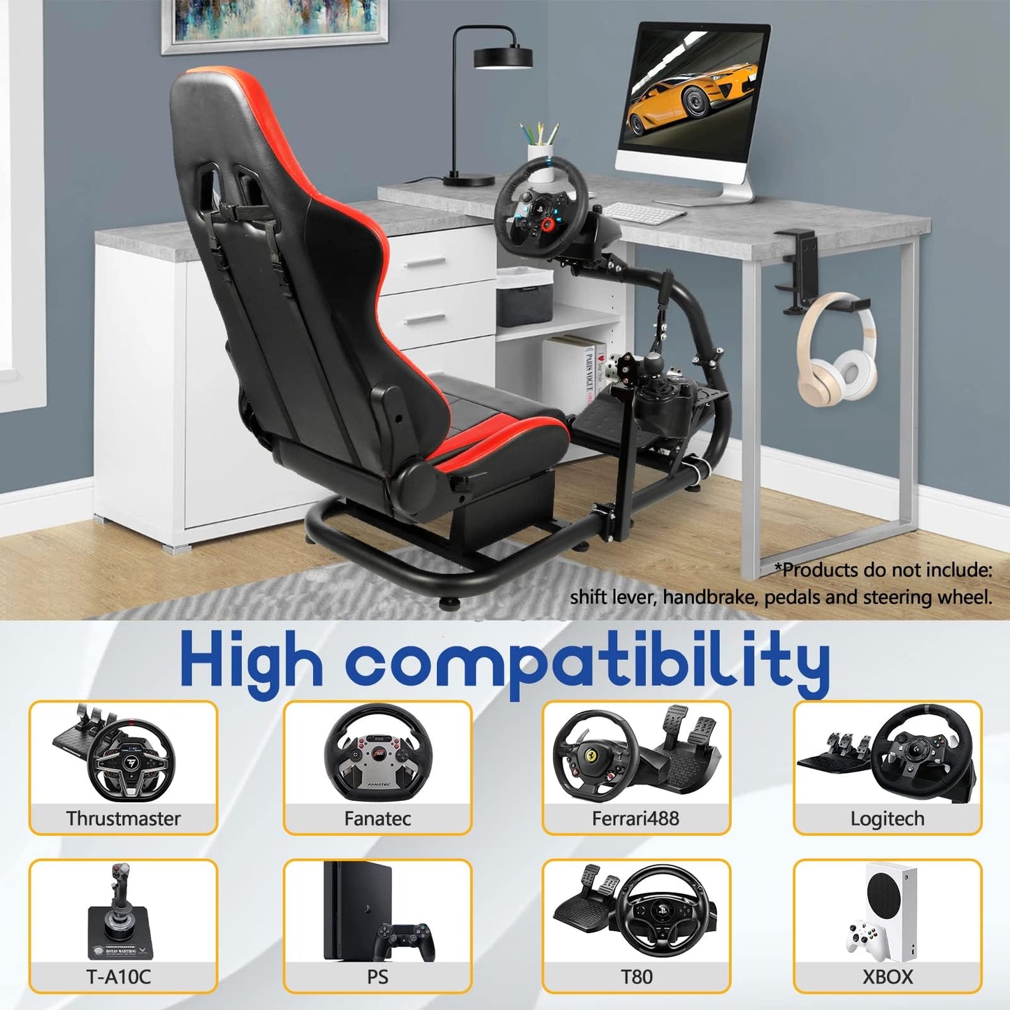 Mokapit Single Arm Racing Simulator Cockpit with Red Seat Compatible with Logitech/Thrustmaster/PXN/Fanatec G27,G923,G29,G920 Stable Round Tube Stand No Pedal, Steering Wheel and Handbrake