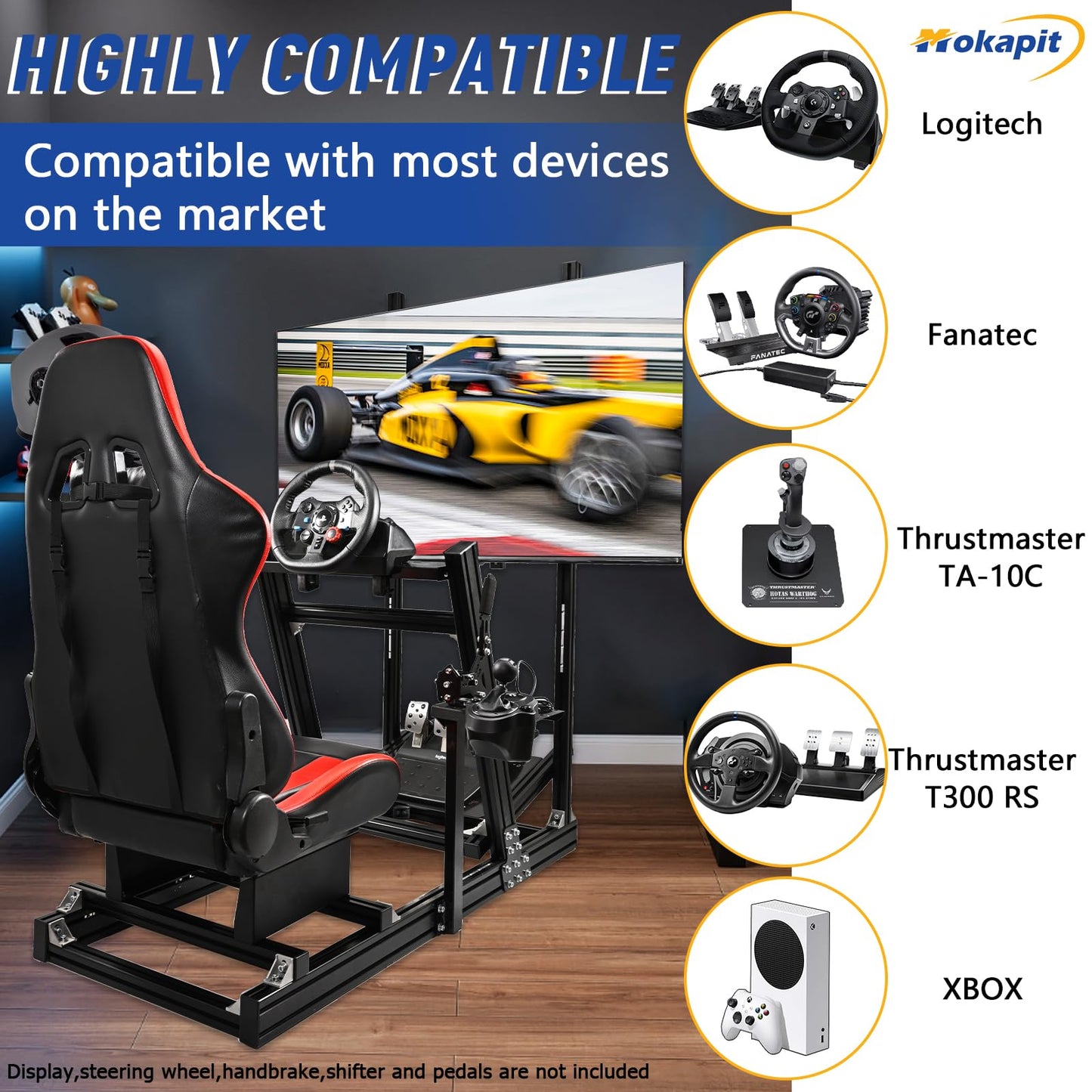 Mokapit F1 Racing Cockpit High Strength Aluminum Compatible with Logitech,PXN,Thrustmaster,Moza and Fanatec Stable Monitor Stand with Red Seat Wheel&Pedals& Handbrake Not Included