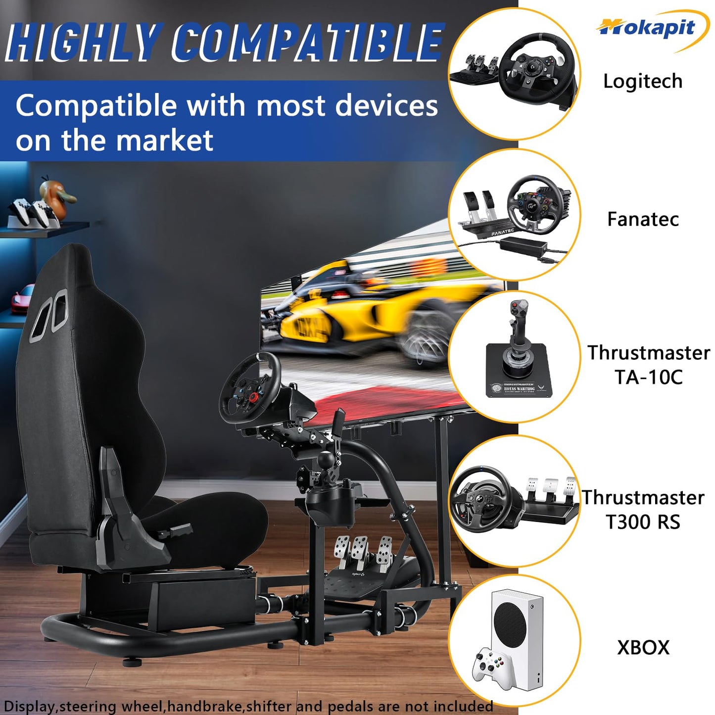 Mokapit Sim Racing Cockpit with TV Mount & Black Seat, Easy to Get on and off, Compatible with Logitech/Thrustmaster/Fanatec G920,G923,G29,Professional Cockpit, No Pedal,Steering Wheel and Handbrake