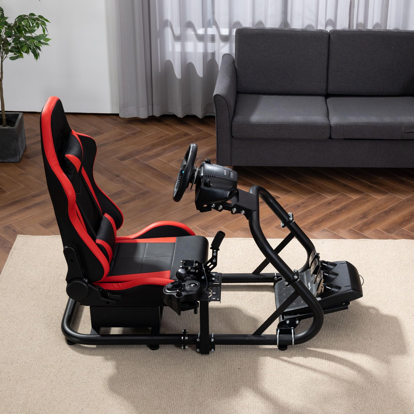 Racing Simulation Cockpit Round Tube Game Stand Suitable for Logitech G27 G923 Thrustmaster T300RS More Stable |No pedals, Steering Wheel and Handbrake|With red seat