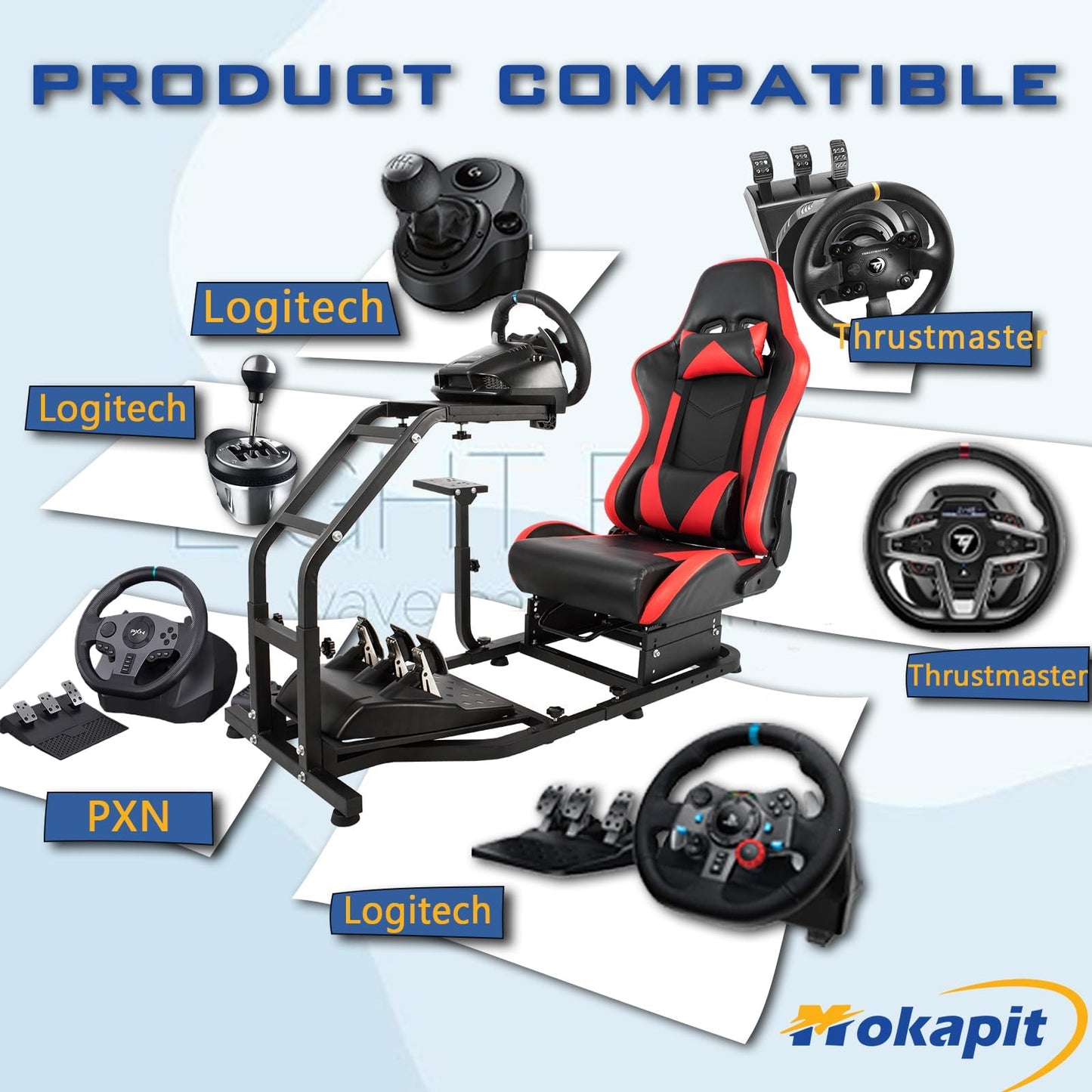 Mokapit Racing Simulator Cockpit with Red Seat Fit for Thrustmaster/Logitech/PXN T300RS,TX F458, G29,G920 G923 Adjustable Driving Simulator Stand Wheel & Handbrake & Pedal Not Included