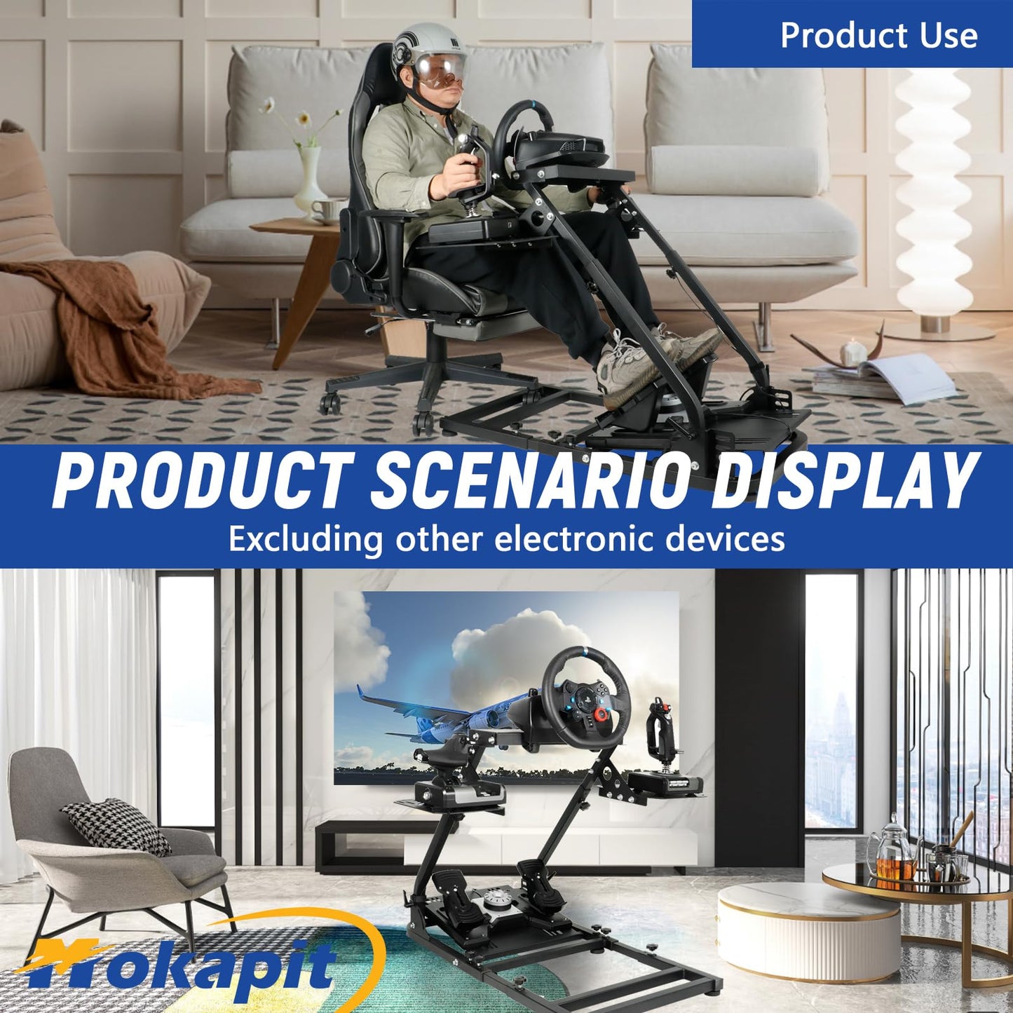 Mokapit Upgrade Flight Simulator Cockpit Adjustable fit for Logitech Thrustmaster G25,G27,G29,G920,G923,Hotas Warthog,T80,T150 Steady Foldable Wheel Stand without Joystick, Handbrake and Pedal