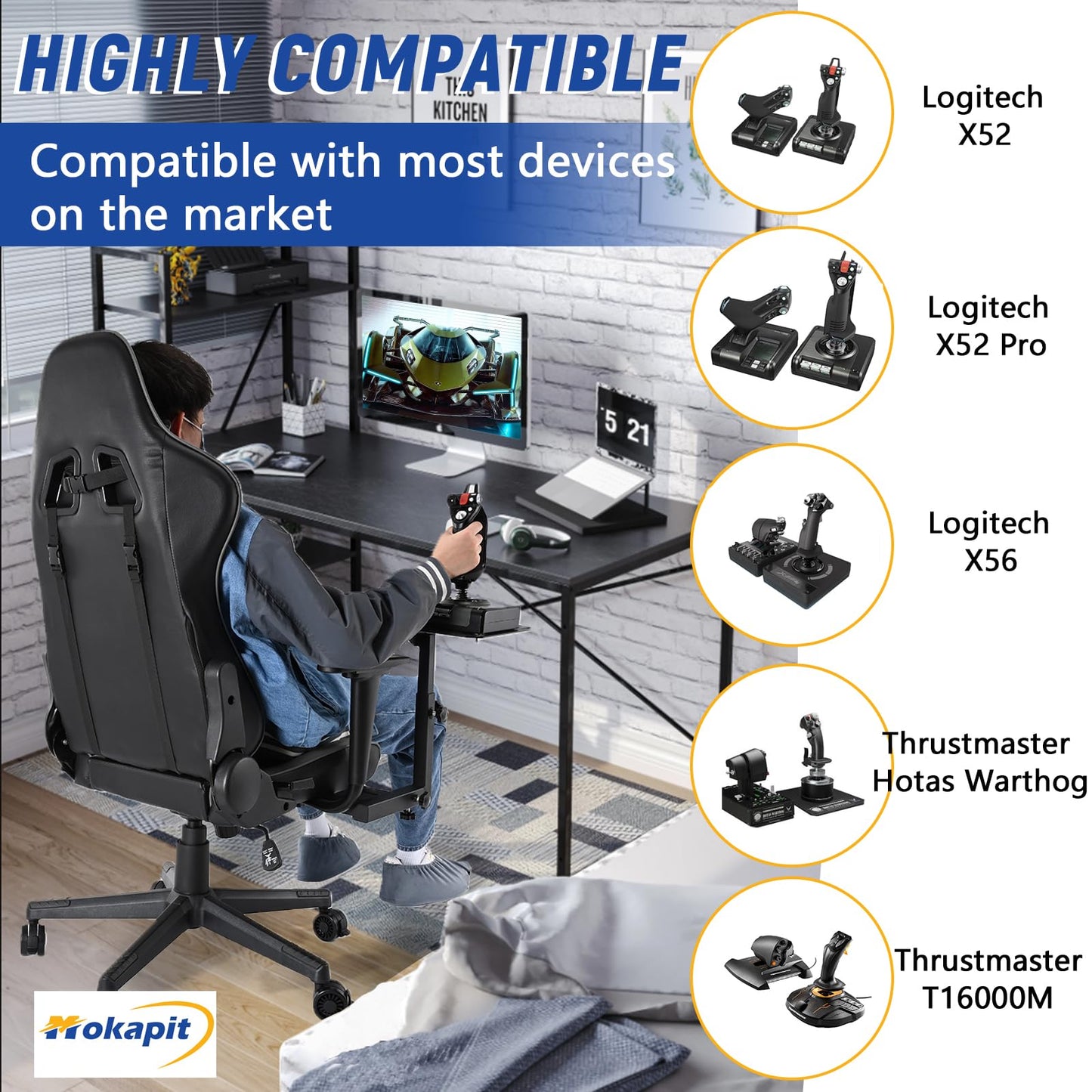 Adjustable Flight Simulator Cockpit Fit for LogitechX56/X52 PRO,Thrustmaster A10C Hotas Warthog/T.16000M/TH8A/TCA,Fanatec ClubSport Shifter SQ Flight Sim Chair Joystick Not Included