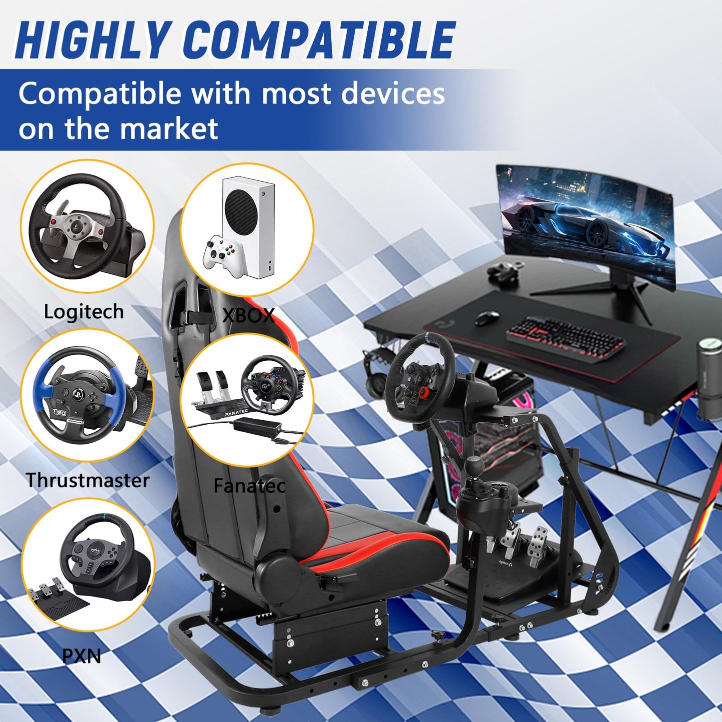 Mokapit Sim Racing Cockpit with Red Racing Seat Mountable Monitor Stand Fit for Logitech GPRO G29 G920 G923 Thrustmaster T80 T300RS GT Fanatec Adjustable Racing Stand without Pedal Wheel Shifter