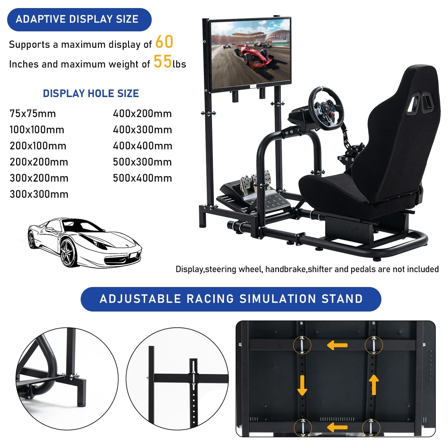 Mokapit Simulator Cockpit with Racing Seat Monitor Stand Compatible with Logitech G29 G920, Thrustmaster, Fanatec, Sim Racing Cockpit without Wheel Pedal Shifter Handbrake TV