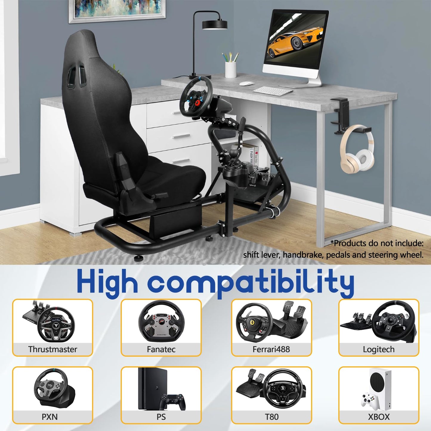 Mokapit Racing Simulation Cockpit Round Tube Game Stand Suitable for Logitech G27 G923 Thrustmaster T300RS More Stable |No pedals, Steering Wheel and Handbrake|With black seat