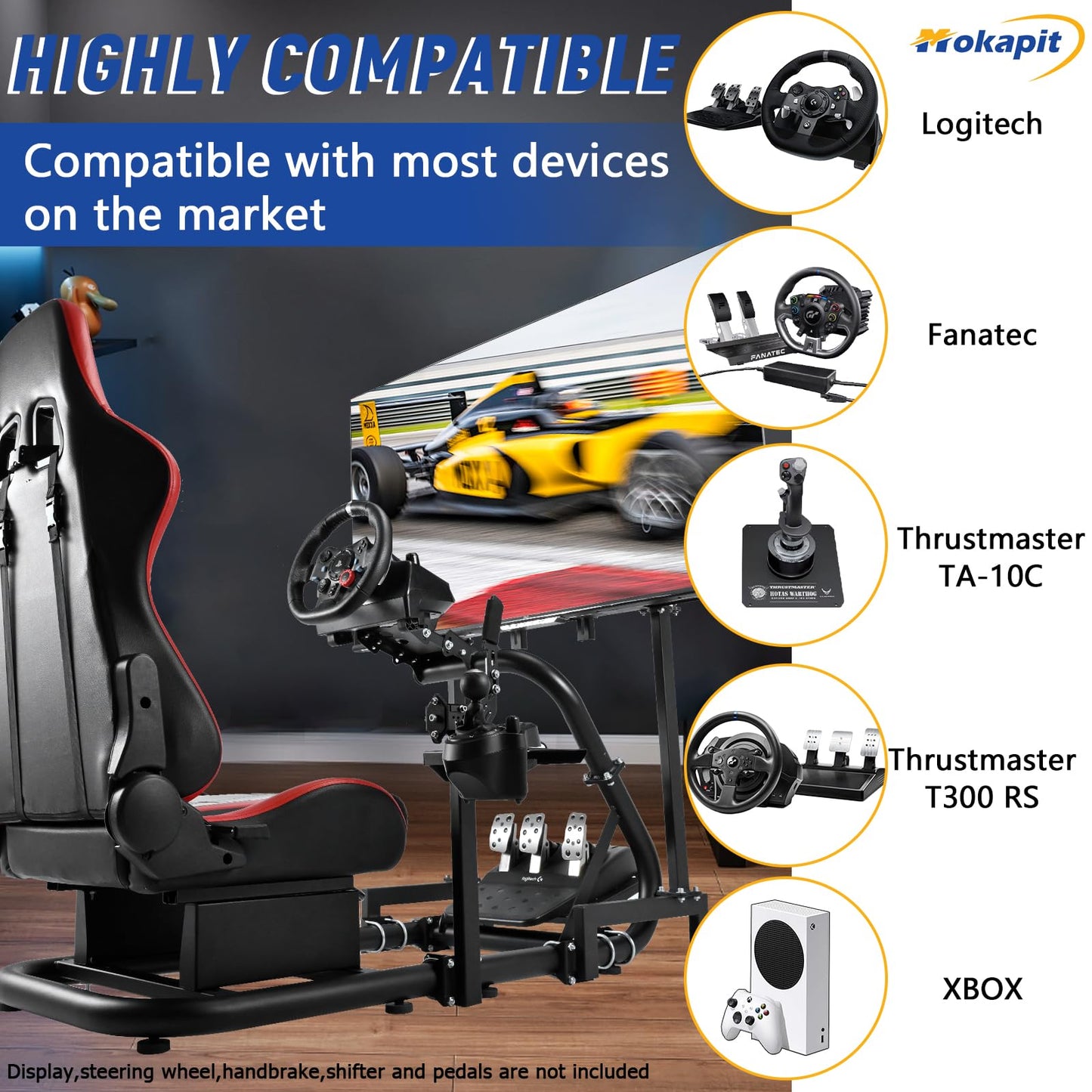 Single Arm Racing Simulator Cockpit TV with Seat Compatible with Logitech/Thrustmaster/PXN/Fanatec G27,G923,G29,G920 Monitor Stand Round Tube Frame No Steering Wheel & Pedal & Handbrake