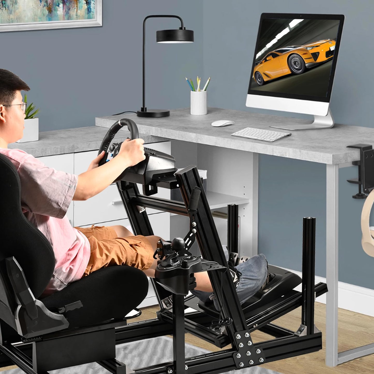 Racing Wheel Cockpit F1/Truck/Car Simulator High Strength Aluminum with Black Seat Compatible with Logitech,Thrustmaster,PXN and Fanatec Stable Cockpit Wheel&Pedals& Handbrake Not Included