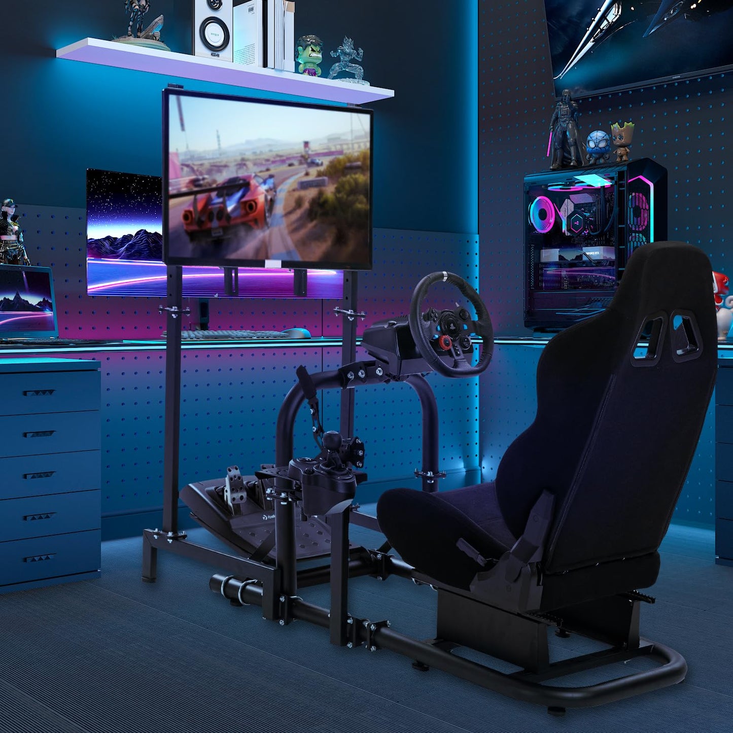 Mokapit Simulator Cockpit with Racing Seat Monitor Stand Compatible with Logitech G29 G920, Thrustmaster, Fanatec, Sim Racing Cockpit without Wheel Pedal Shifter Handbrake TV